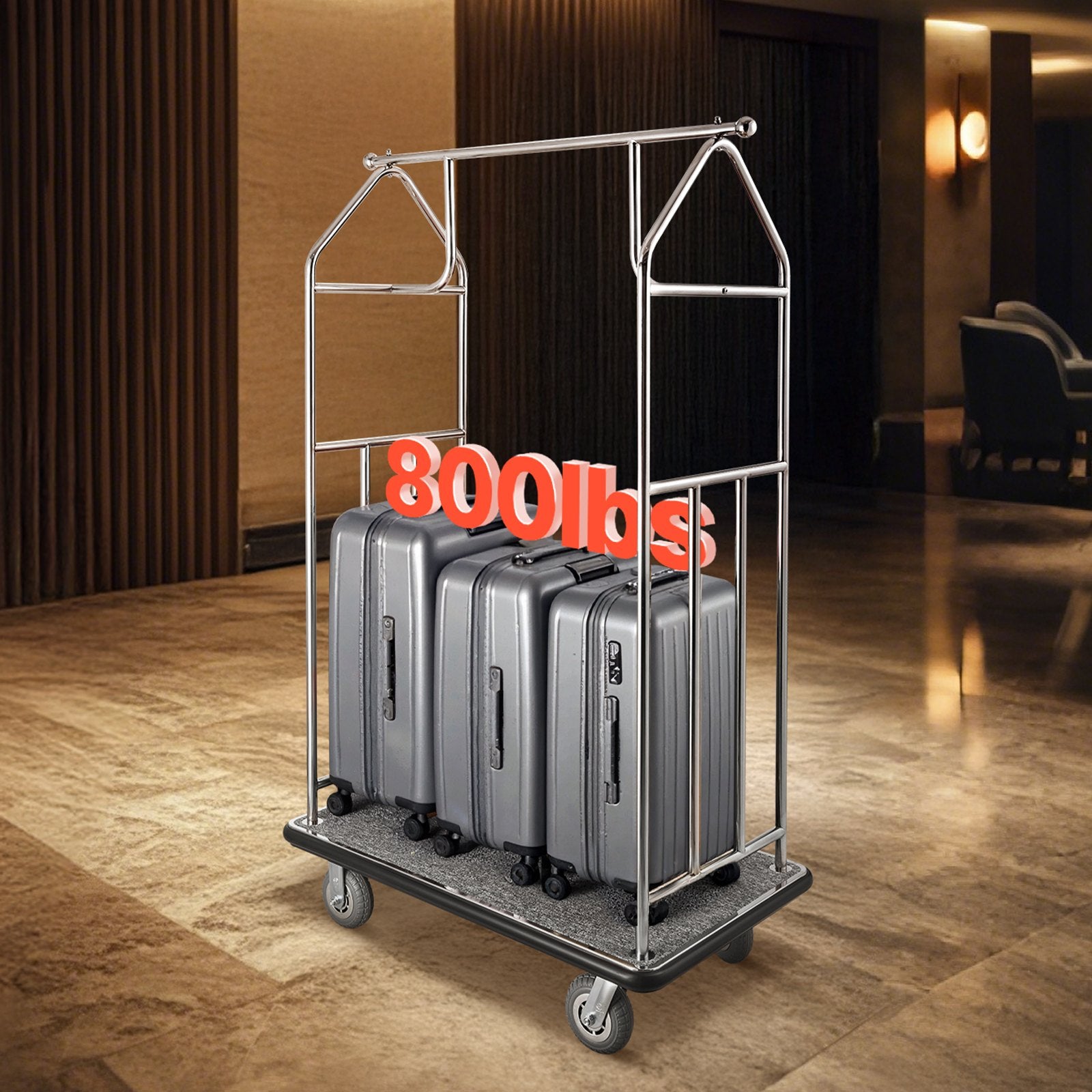 Premium Hotel Luggage Cart - 800 LBS Capacity, Stainless Steel Bellman Valet with Grey Carpet, 6" Rubber Wheels, Ideal for Resorts & Condos