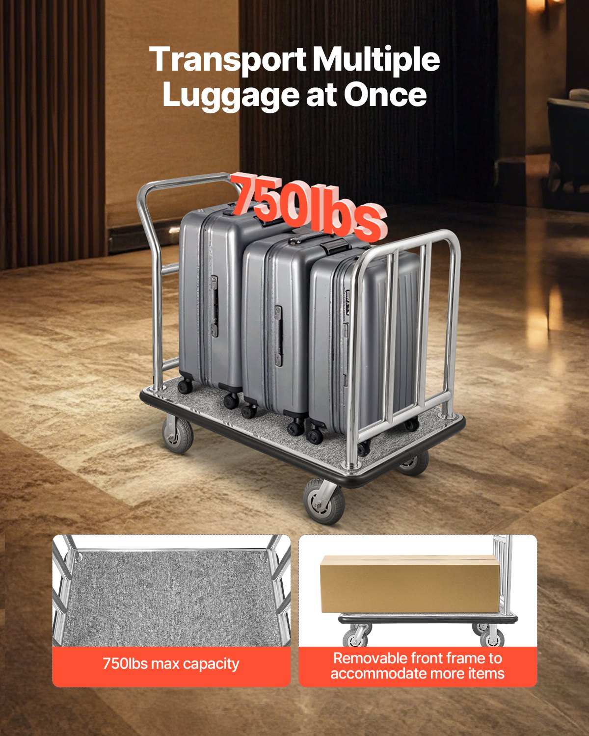 Deluxe Hotel Luggage Cart with 750 lbs Capacity, Removable Frame, Carpeted Deck, 6-inch Rubber Wheels, Ideal for Resorts & Condos