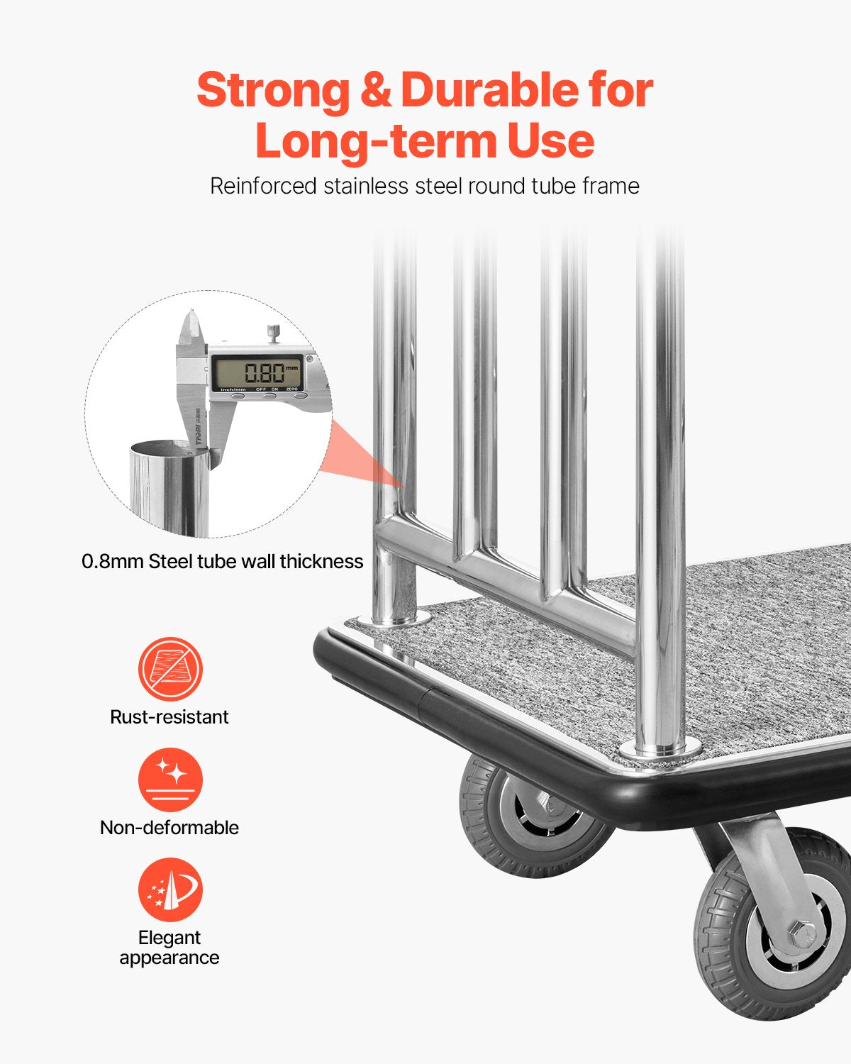 Deluxe Hotel Luggage Cart with 750 lbs Capacity, Removable Frame, Carpeted Deck, 6-inch Rubber Wheels, Ideal for Resorts & Condos