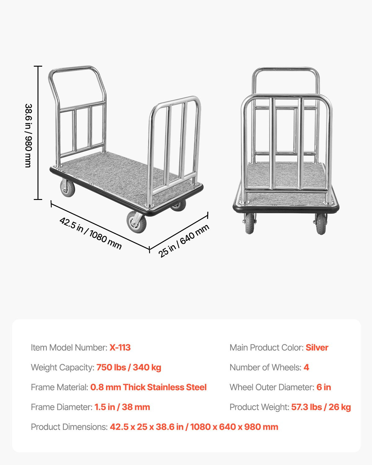 Deluxe Hotel Luggage Cart with 750 lbs Capacity, Removable Frame, Carpeted Deck, 6-inch Rubber Wheels, Ideal for Resorts & Condos
