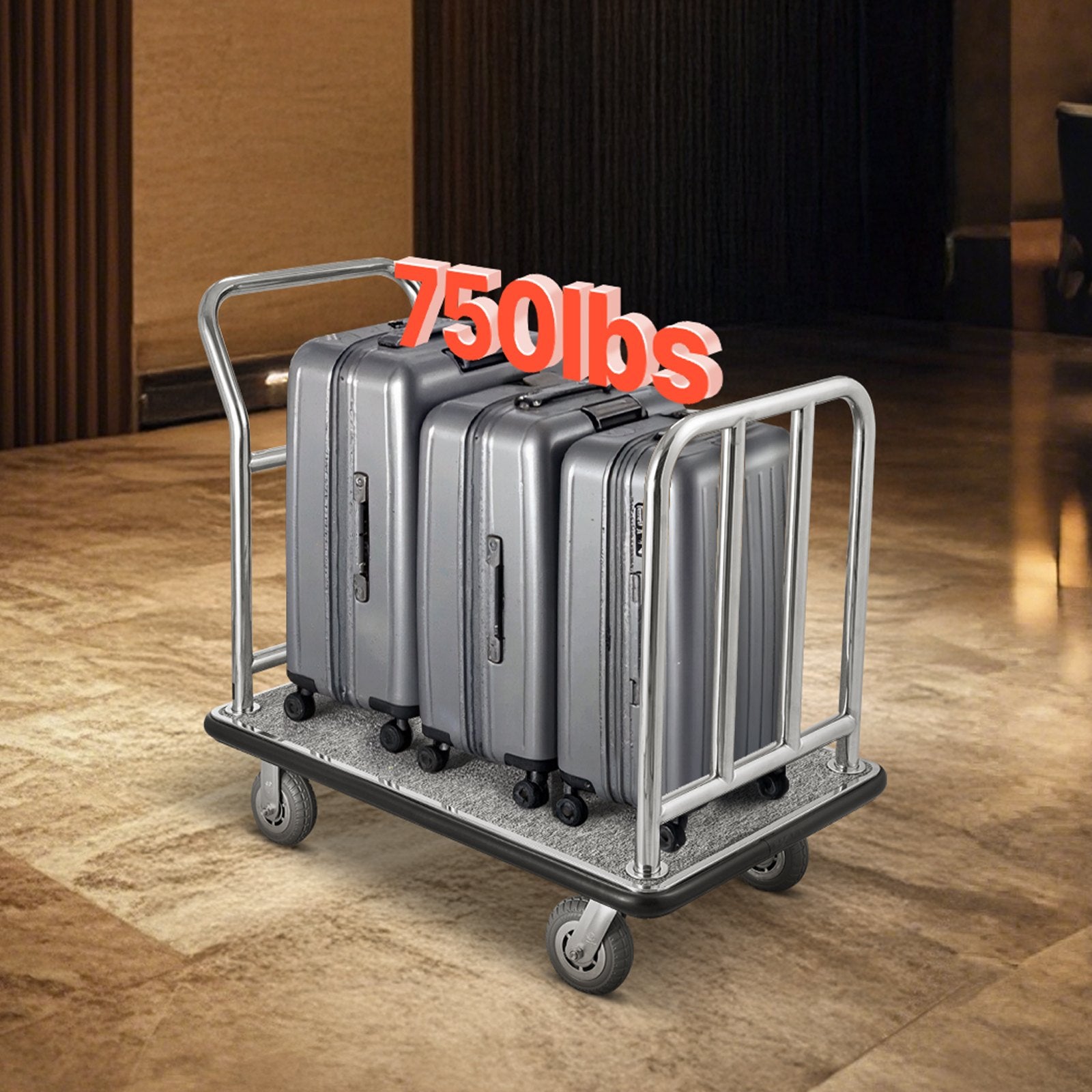 Deluxe Hotel Luggage Cart with 750 lbs Capacity, Removable Frame, Carpeted Deck, 6-inch Rubber Wheels, Ideal for Resorts & Condos