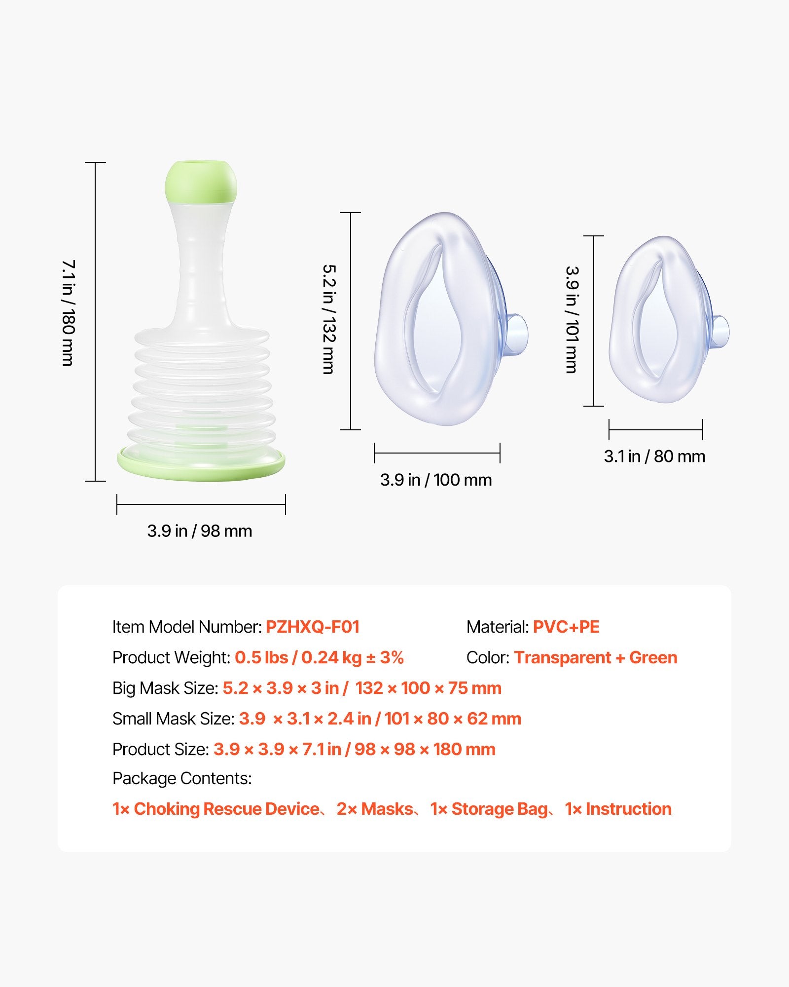 Portable Choking Rescue Device with Multi-Size Masks, Suction for Airway Clearing, First Aid Kit for Home, School, Travel Safety