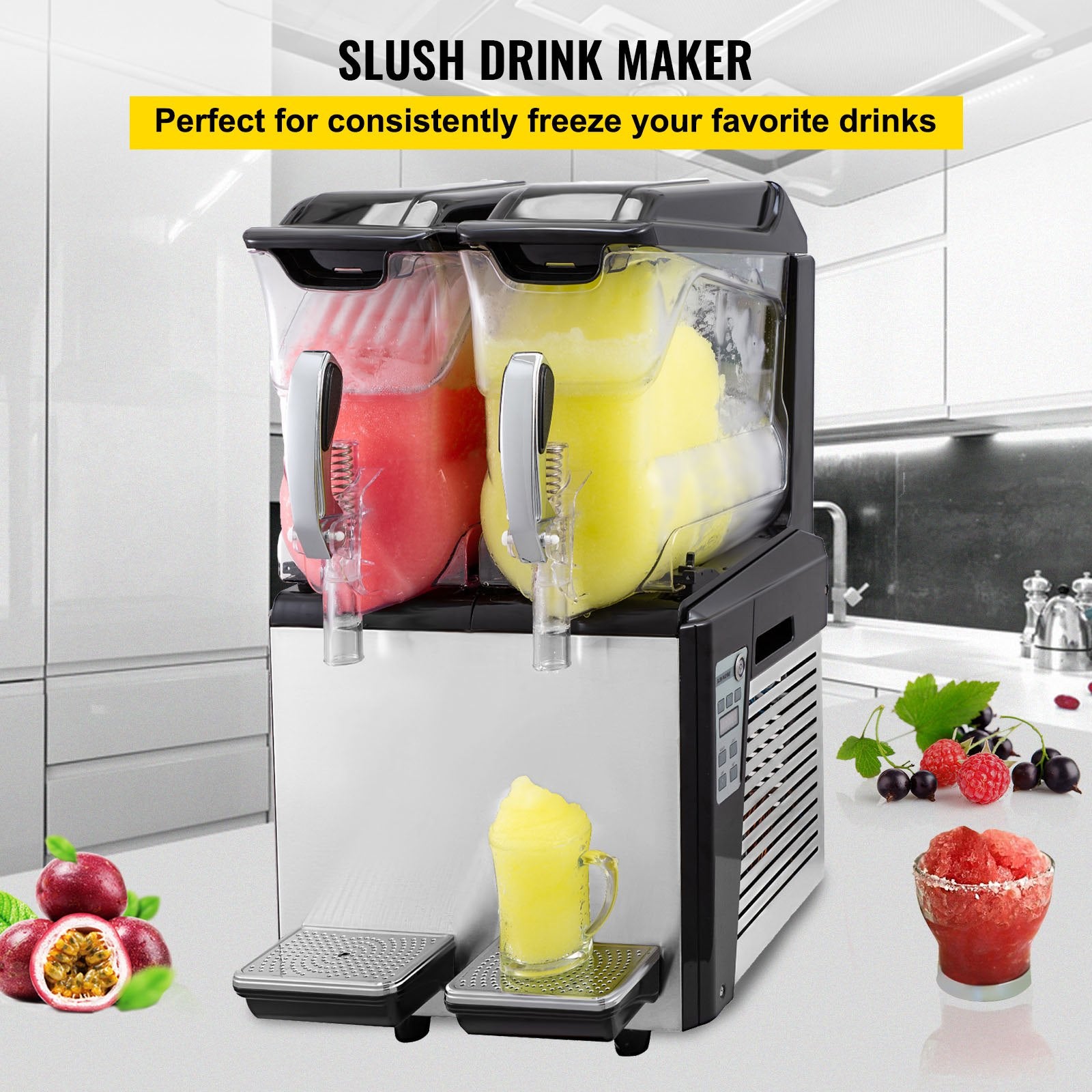 Commercial Slush & Margarita Machine, 20L Dual Tanks, 900W, Auto Clean, Fast Cooling, Ideal for Restaurants, Cafes, Bars, Stainless Steel Design