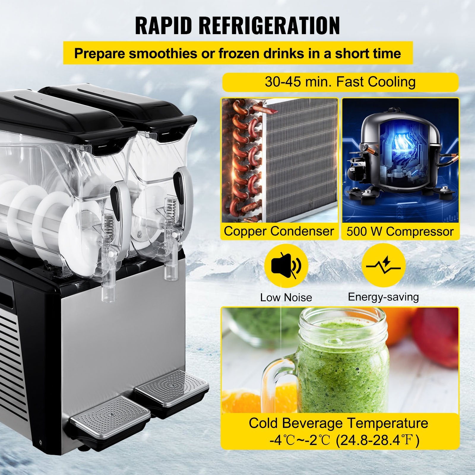 Commercial Slush & Margarita Machine, 20L Dual Tanks, 900W, Auto Clean, Fast Cooling, Ideal for Restaurants, Cafes, Bars, Stainless Steel Design