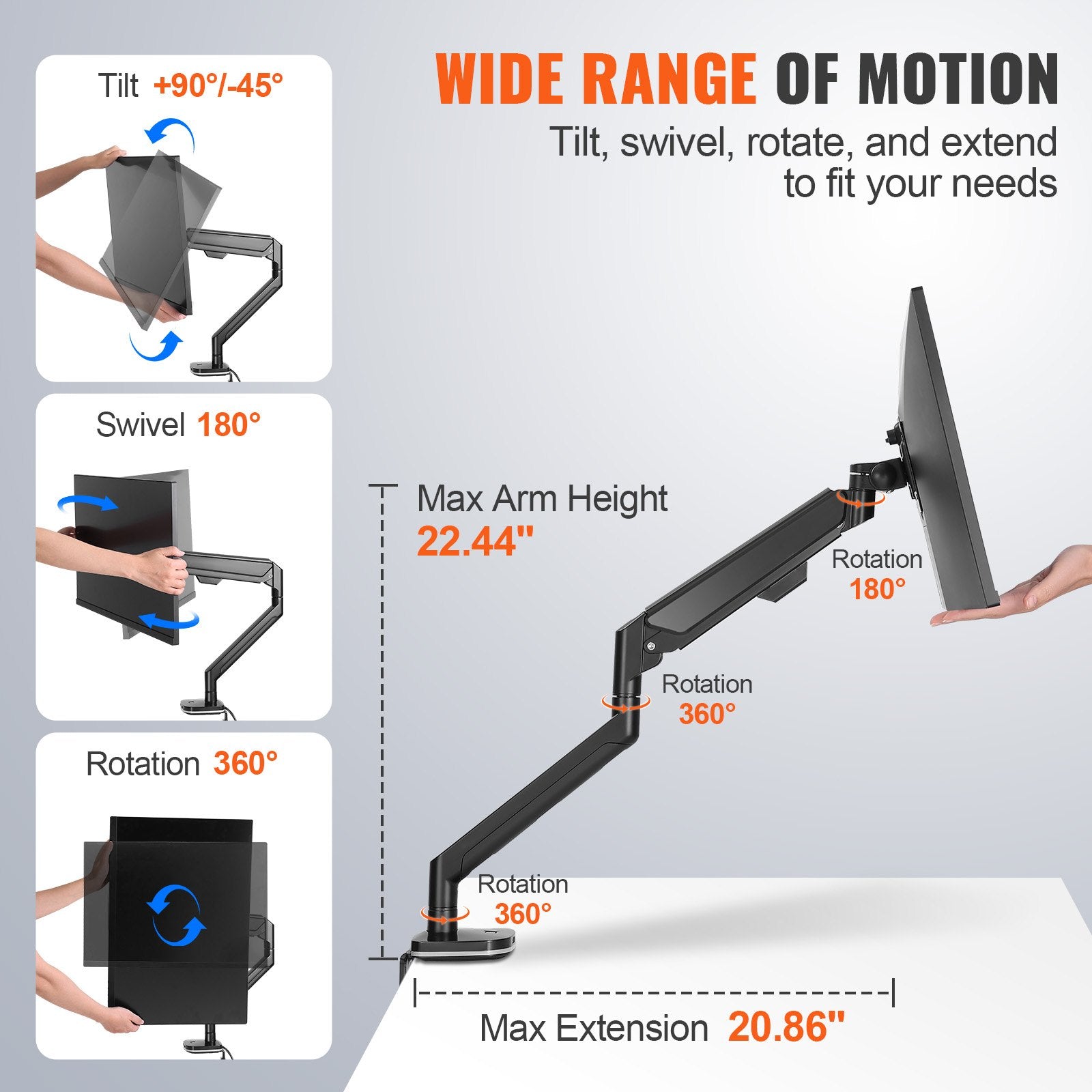 Single Monitor Mount with Fully Adjustable Gas Spring Arm, Fits 13"-35" Screens, 26.4 lbs Capacity, VESA Compatible, C-Clamp/Grommet Base