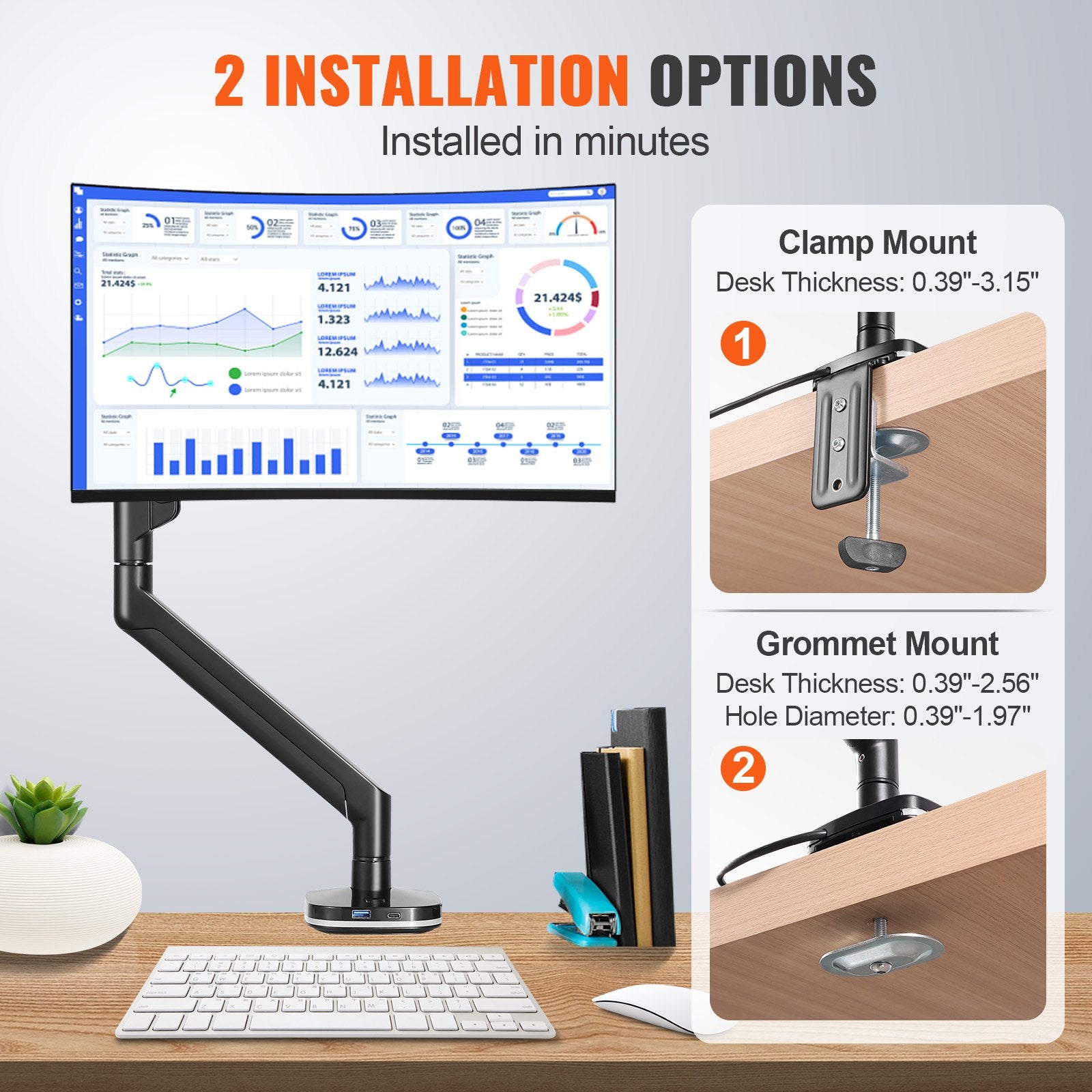 Single Monitor Mount with Fully Adjustable Gas Spring Arm, Fits 13"-35" Screens, 26.4 lbs Capacity, VESA Compatible, C-Clamp/Grommet Base