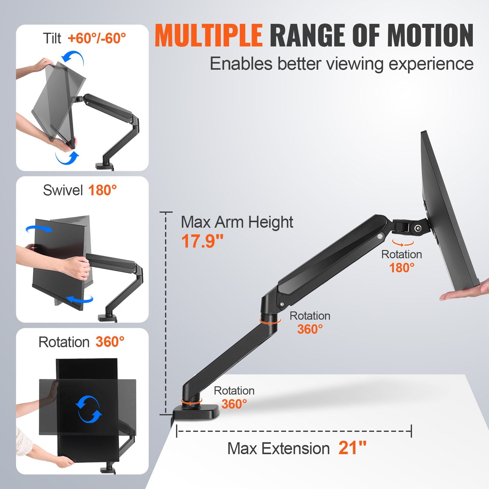 Single Monitor Mount for 13"-32" Screens, Fully Adjustable Gas Spring Arm, VESA Compatible, C-Clamp/Grommet Base, Holds 20 lbs, 360° Rotation