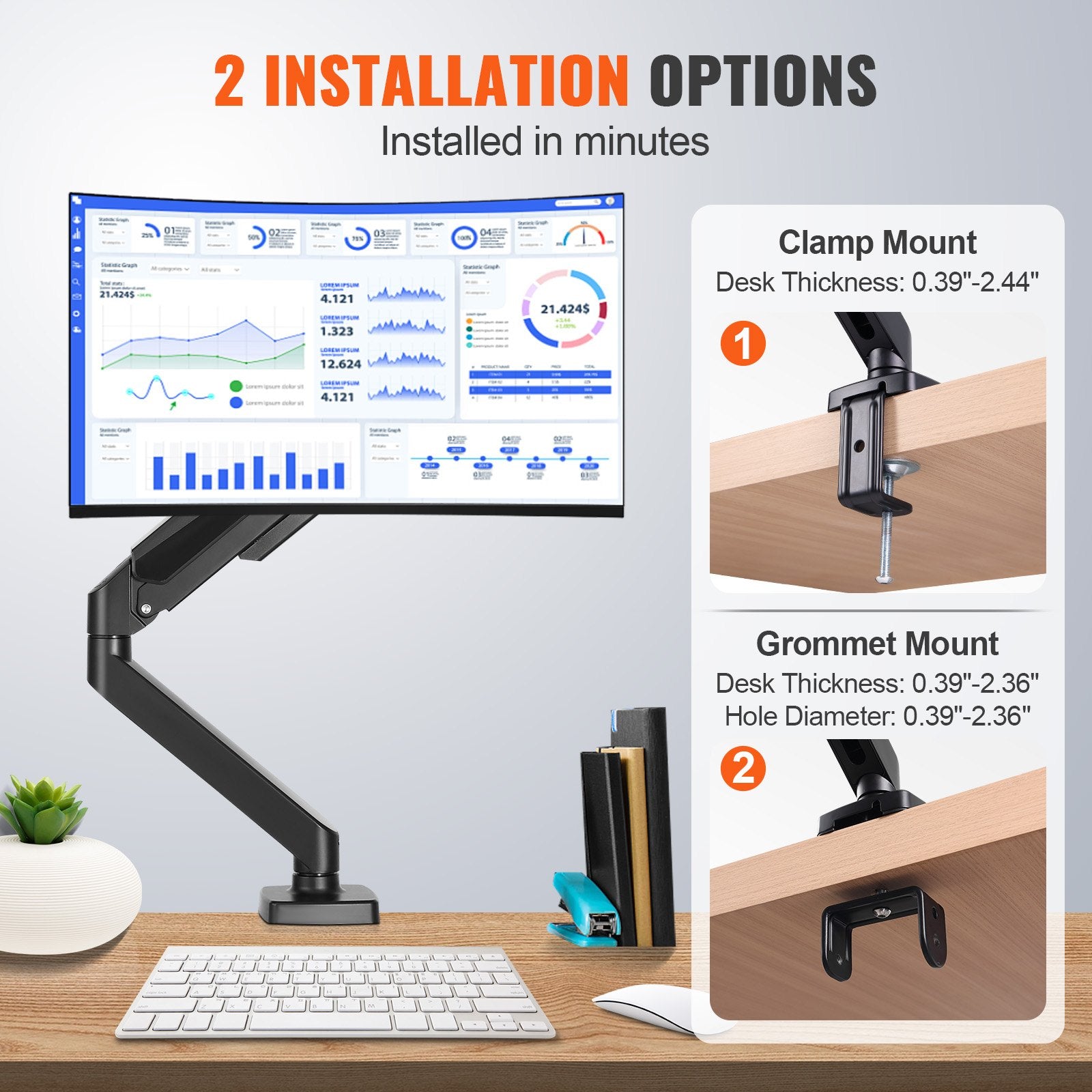 Single Monitor Mount for 13"-32" Screens, Fully Adjustable Gas Spring Arm, VESA Compatible, C-Clamp/Grommet Base, Holds 20 lbs, 360° Rotation