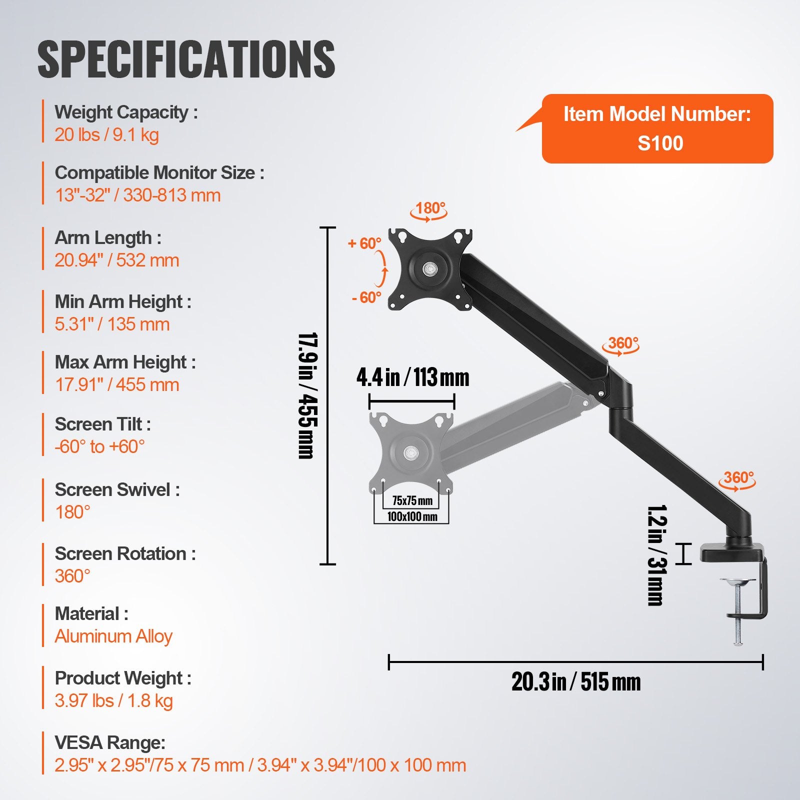 Single Monitor Mount for 13"-32" Screens, Fully Adjustable Gas Spring Arm, VESA Compatible, C-Clamp/Grommet Base, Holds 20 lbs, 360° Rotation