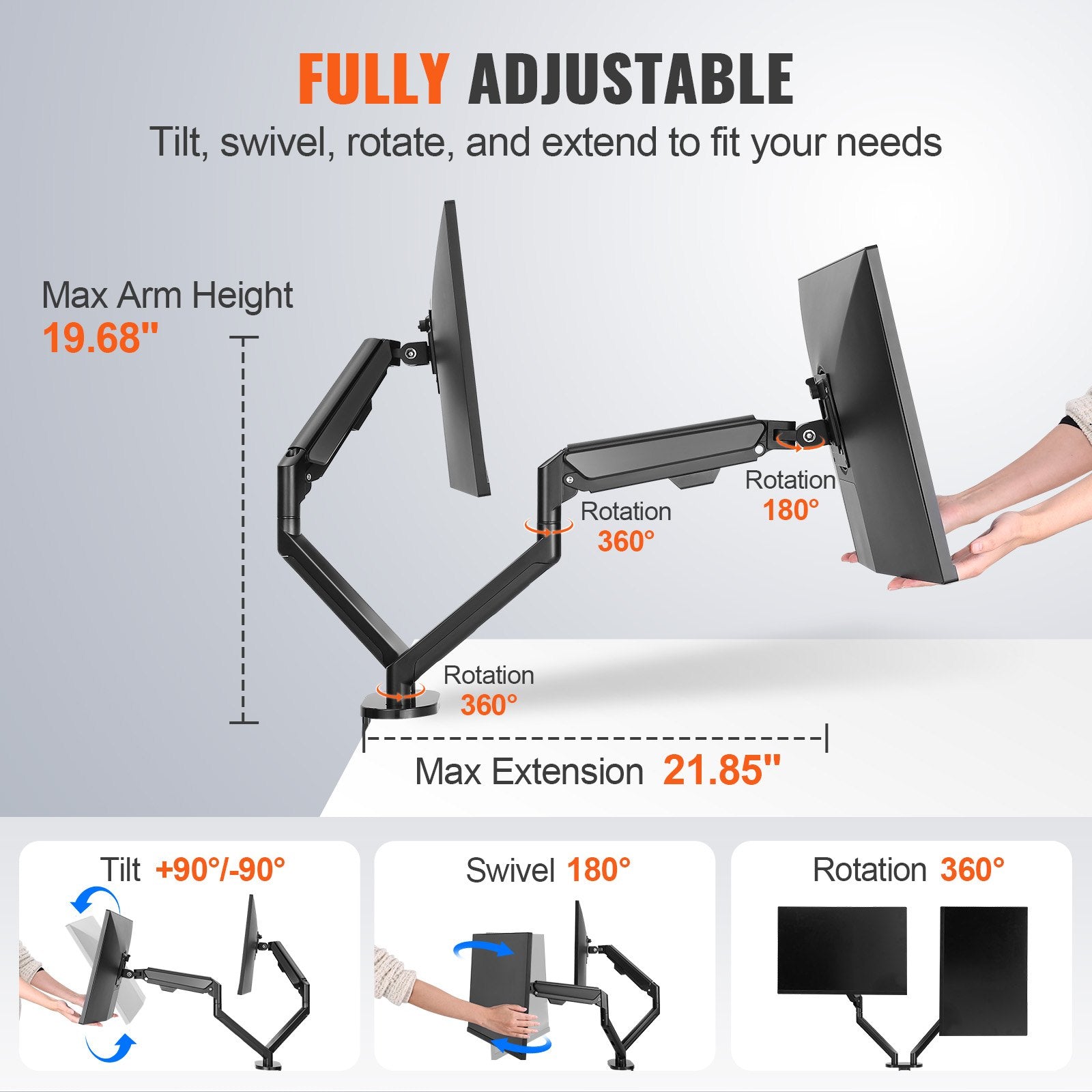 Dual Monitor Mount for 13"-35" Screens, Adjustable Gas Spring Arm, 26.4 lbs Capacity, VESA Bracket, C-Clamp/Grommet Base