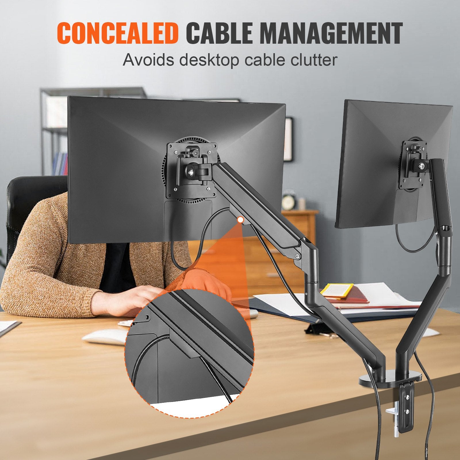 Dual Monitor Mount for 13"-35" Screens, Adjustable Gas Spring Arm, 26.4 lbs Capacity, VESA Bracket, C-Clamp/Grommet Base