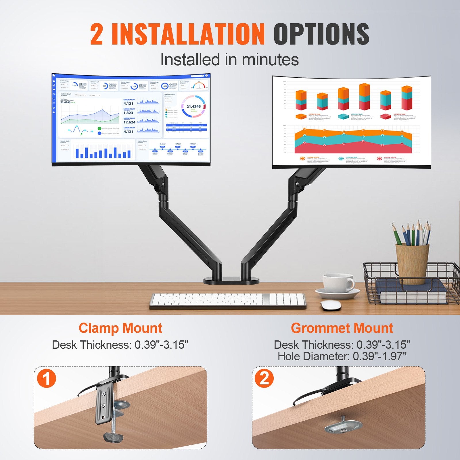 Dual Monitor Mount for 13"-35" Screens, Adjustable Gas Spring Arm, 26.4 lbs Capacity, VESA Bracket, C-Clamp/Grommet Base