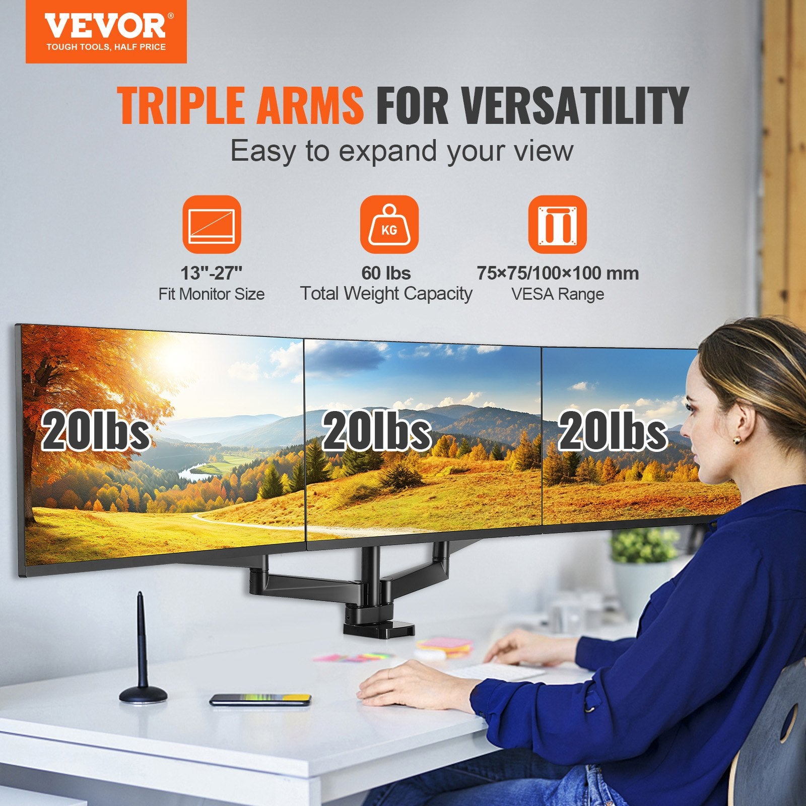 Triple Monitor Stand with Fully Adjustable Gas Spring Arms for 13"-27" Screens, 20 lbs Capacity, VESA Compatible, C-Clamp/Grommet Base
