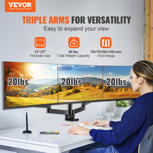 Triple Monitor Stand with Fully Adjustable Gas Spring Arms for 13"-27" Screens, 20 lbs Capacity, VESA Compatible, C-Clamp/Grommet Base