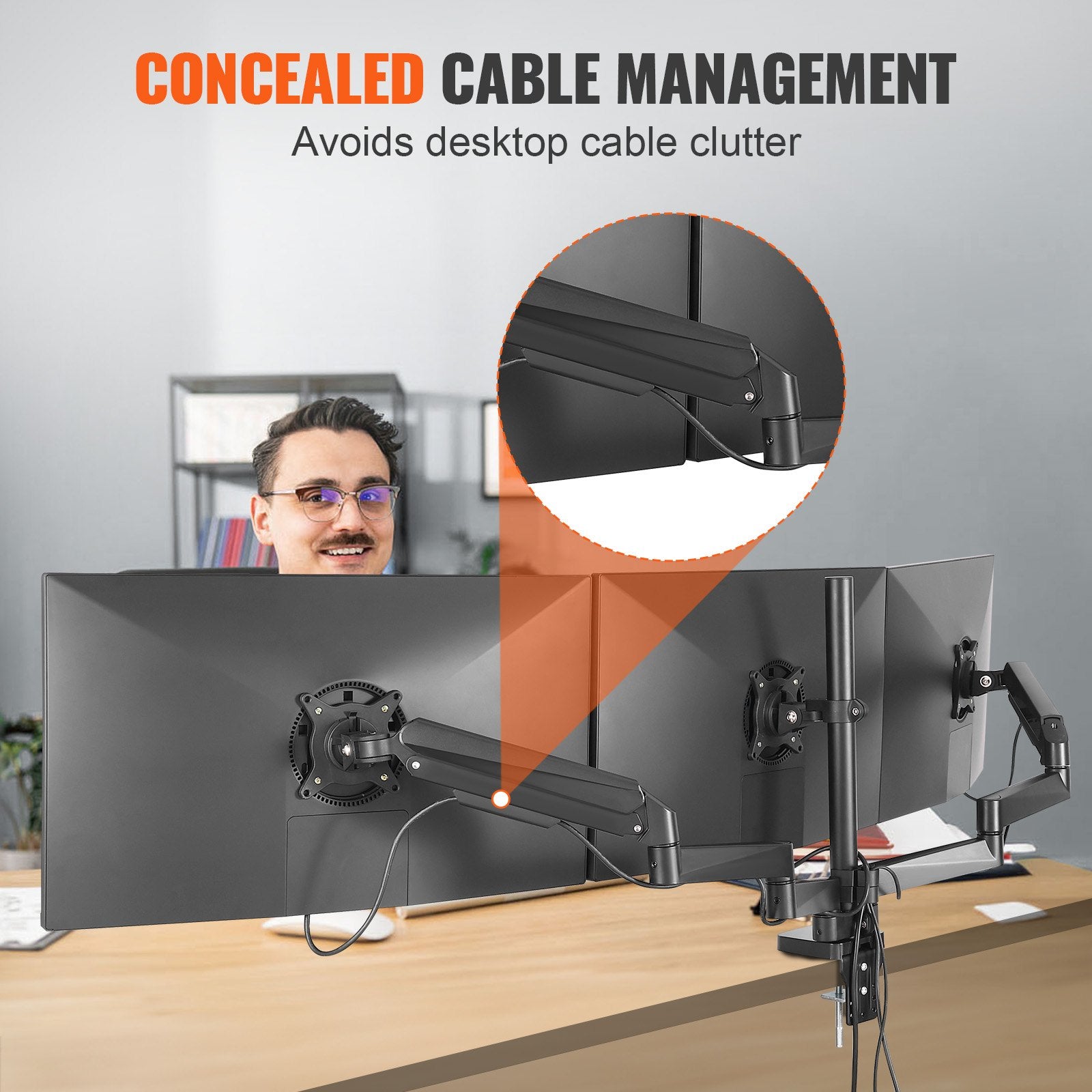 Triple Monitor Stand with Fully Adjustable Gas Spring Arms for 13"-27" Screens, 20 lbs Capacity, VESA Compatible, C-Clamp/Grommet Base