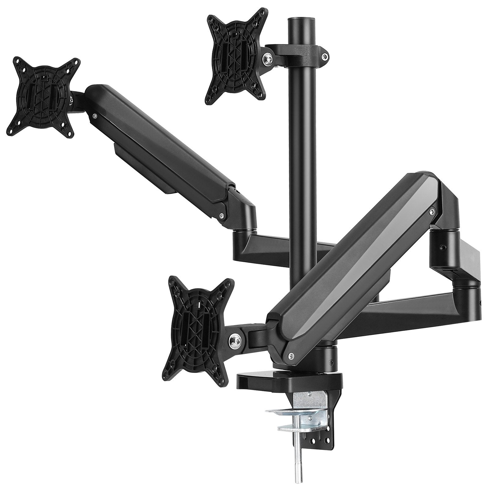 Triple Monitor Stand with Fully Adjustable Gas Spring Arms for 13"-27" Screens, 20 lbs Capacity, VESA Compatible, C-Clamp/Grommet Base