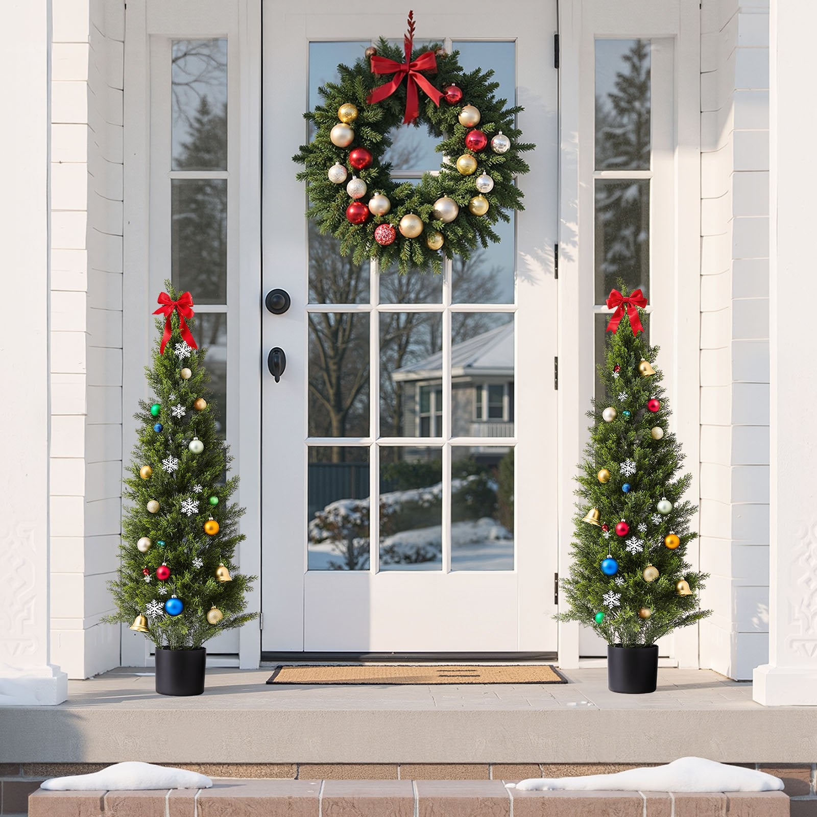 48" Faux Cedar Topiary Trees Set of 2 - Realistic Silk Pine Shrubs, Ideal for Front Porch, Patio, Garden, Office & Indoor Decor
