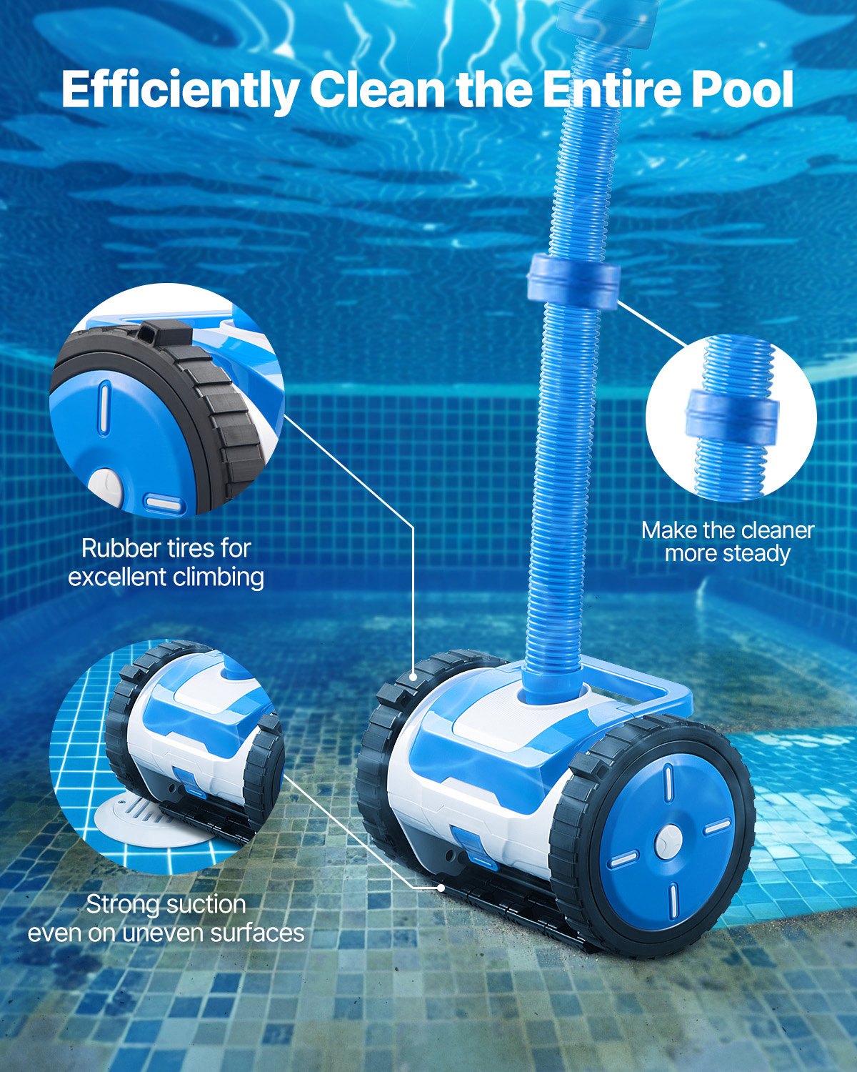 Efficient Automatic Suction Pool Cleaner with 2 Wheels for In-Ground & Above-Ground Pools, 20x40 ft, Perfect for Various Surfaces & Quick Assembly