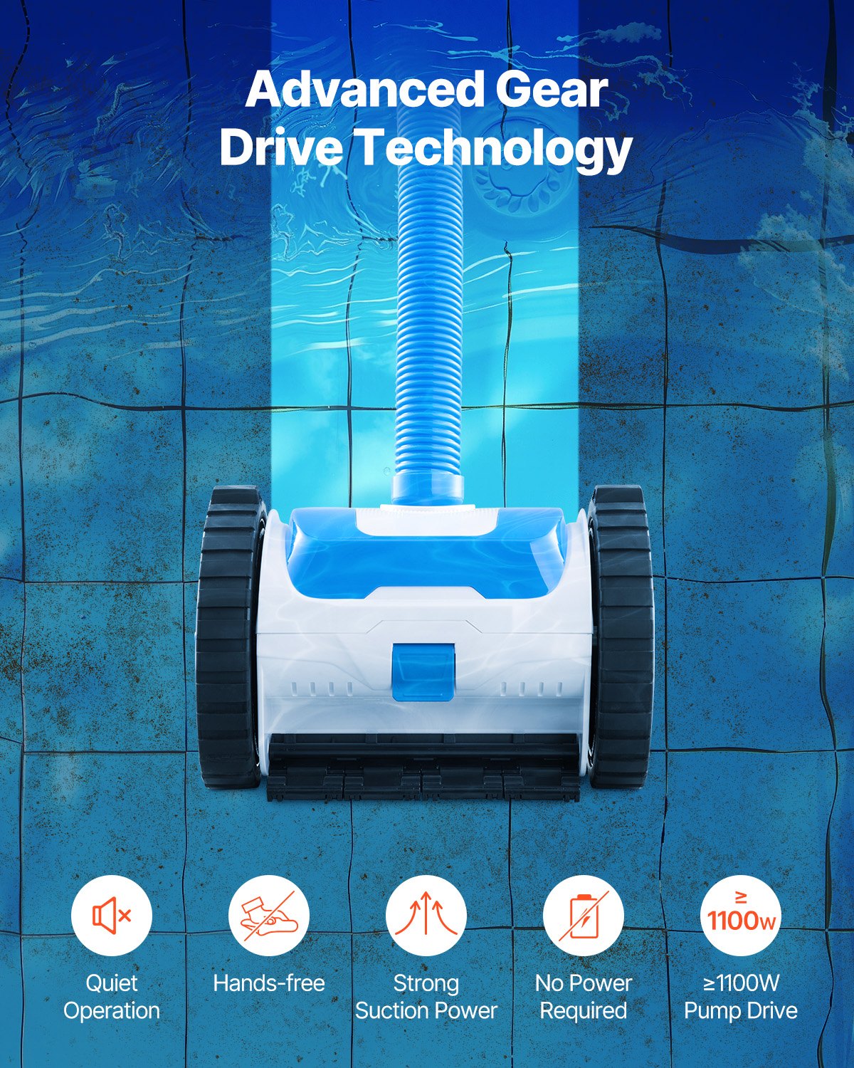 Efficient Automatic Suction Pool Cleaner with 2 Wheels for In-Ground & Above-Ground Pools, 20x40 ft, Perfect for Various Surfaces & Quick Assembly