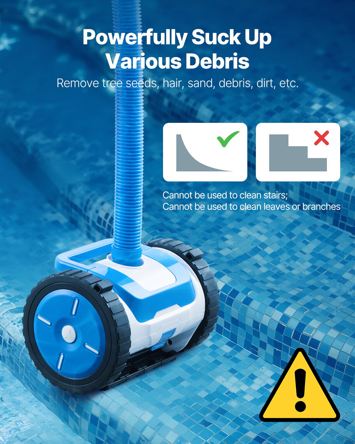 Efficient Automatic Suction Pool Cleaner with 2 Wheels for In-Ground & Above-Ground Pools, 20x40 ft, Perfect for Various Surfaces & Quick Assembly