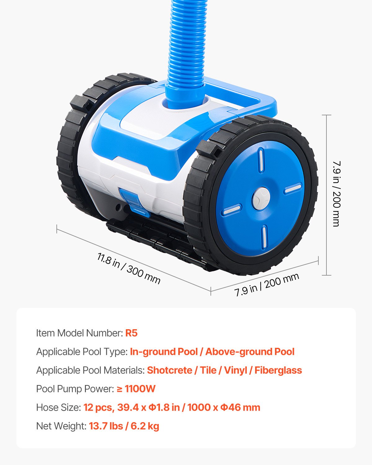 Efficient Automatic Suction Pool Cleaner with 2 Wheels for In-Ground & Above-Ground Pools, 20x40 ft, Perfect for Various Surfaces & Quick Assembly
