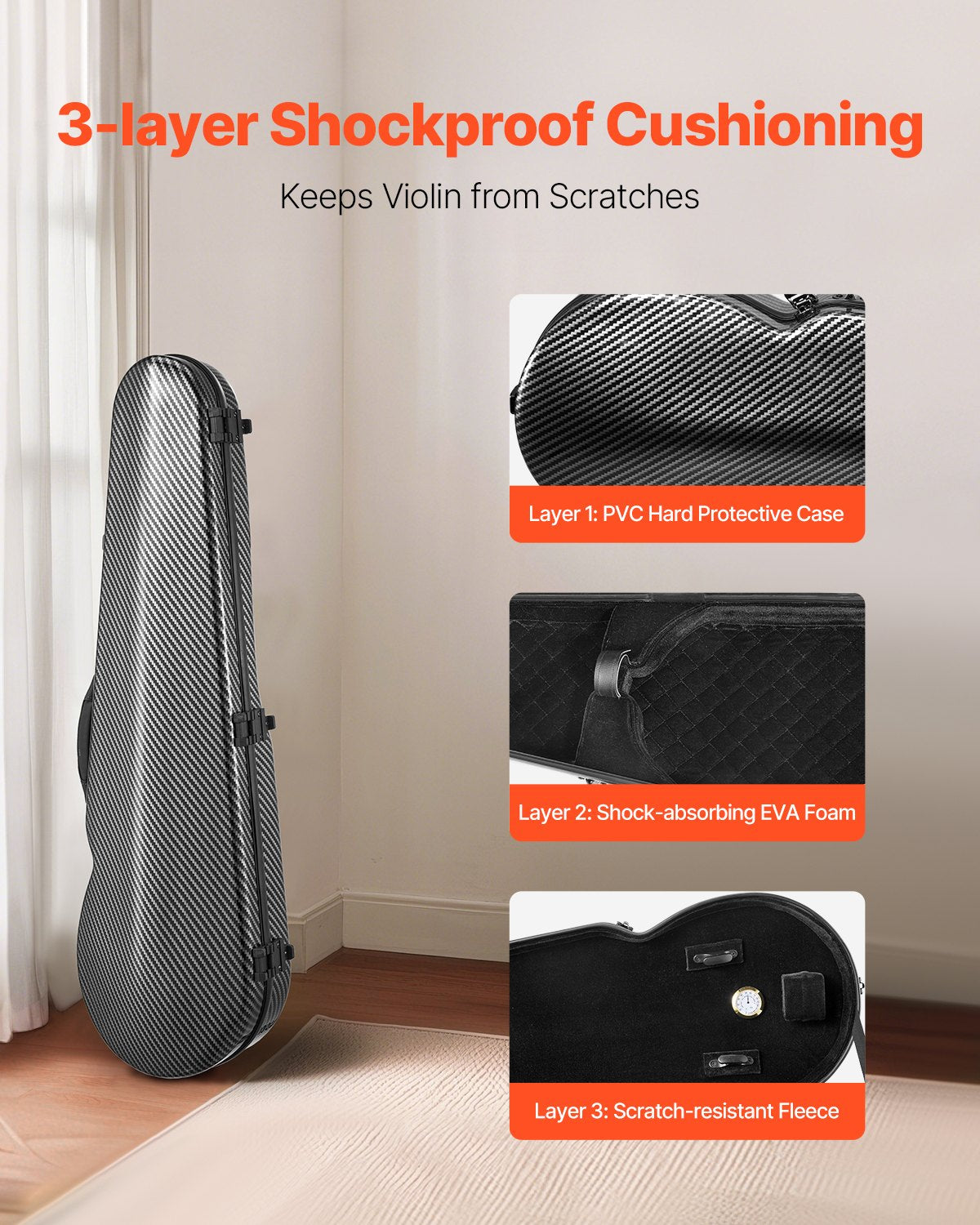 Lightweight 4/4 Violin Case with Hygrometer and Dual Straps, Anti-Scratch Carbon Fiber, Plush Lining, Triangular for Travel