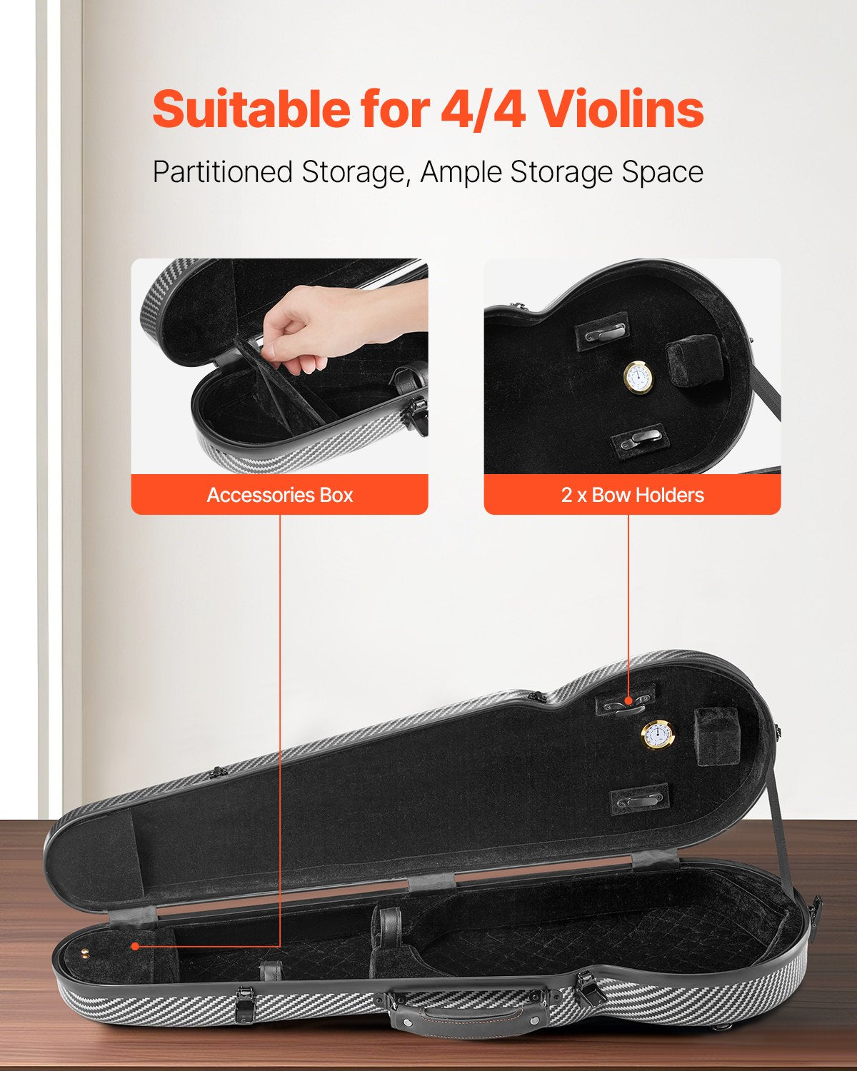 Lightweight 4/4 Violin Case with Hygrometer and Dual Straps, Anti-Scratch Carbon Fiber, Plush Lining, Triangular for Travel