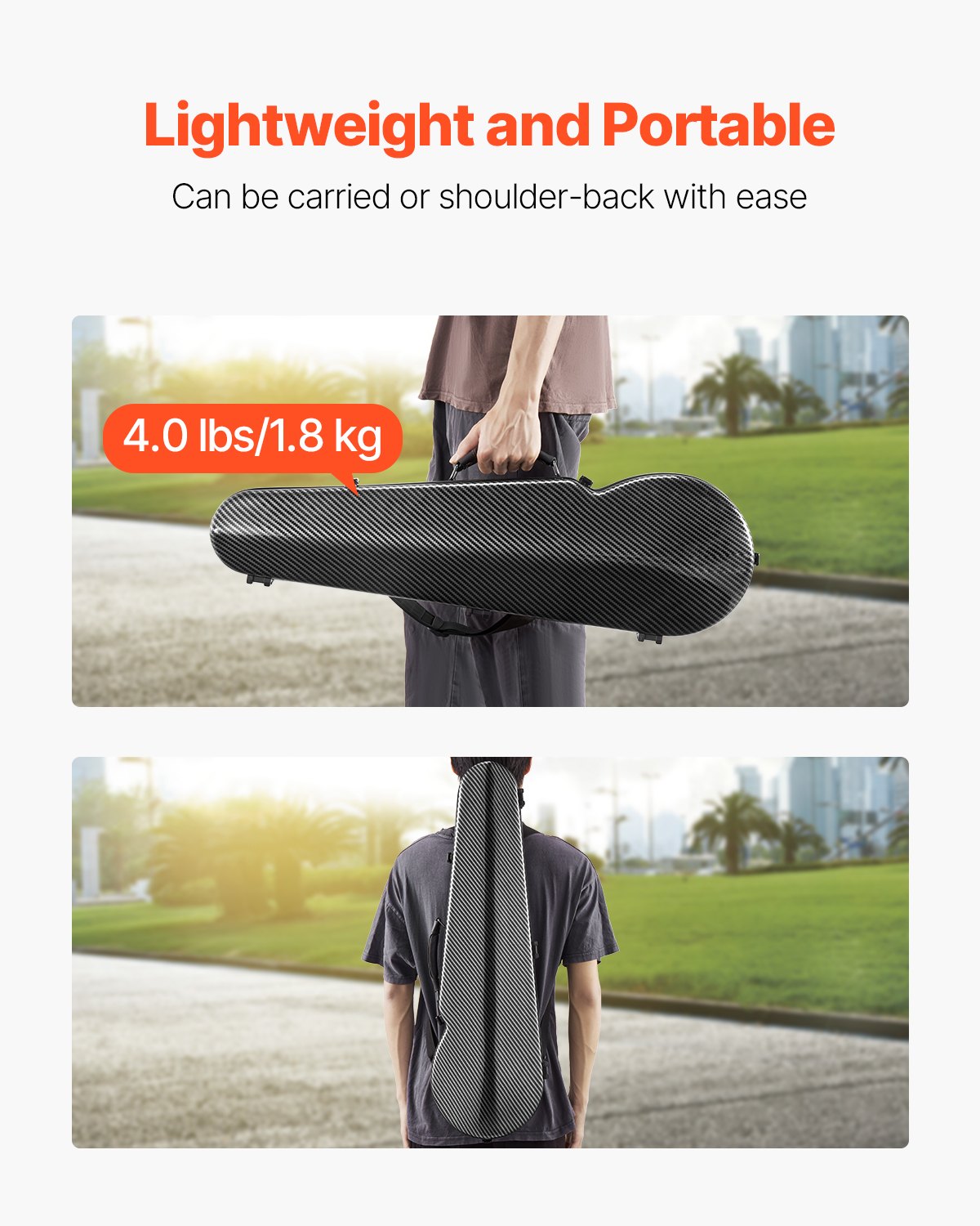 Lightweight 4/4 Violin Case with Hygrometer and Dual Straps, Anti-Scratch Carbon Fiber, Plush Lining, Triangular for Travel