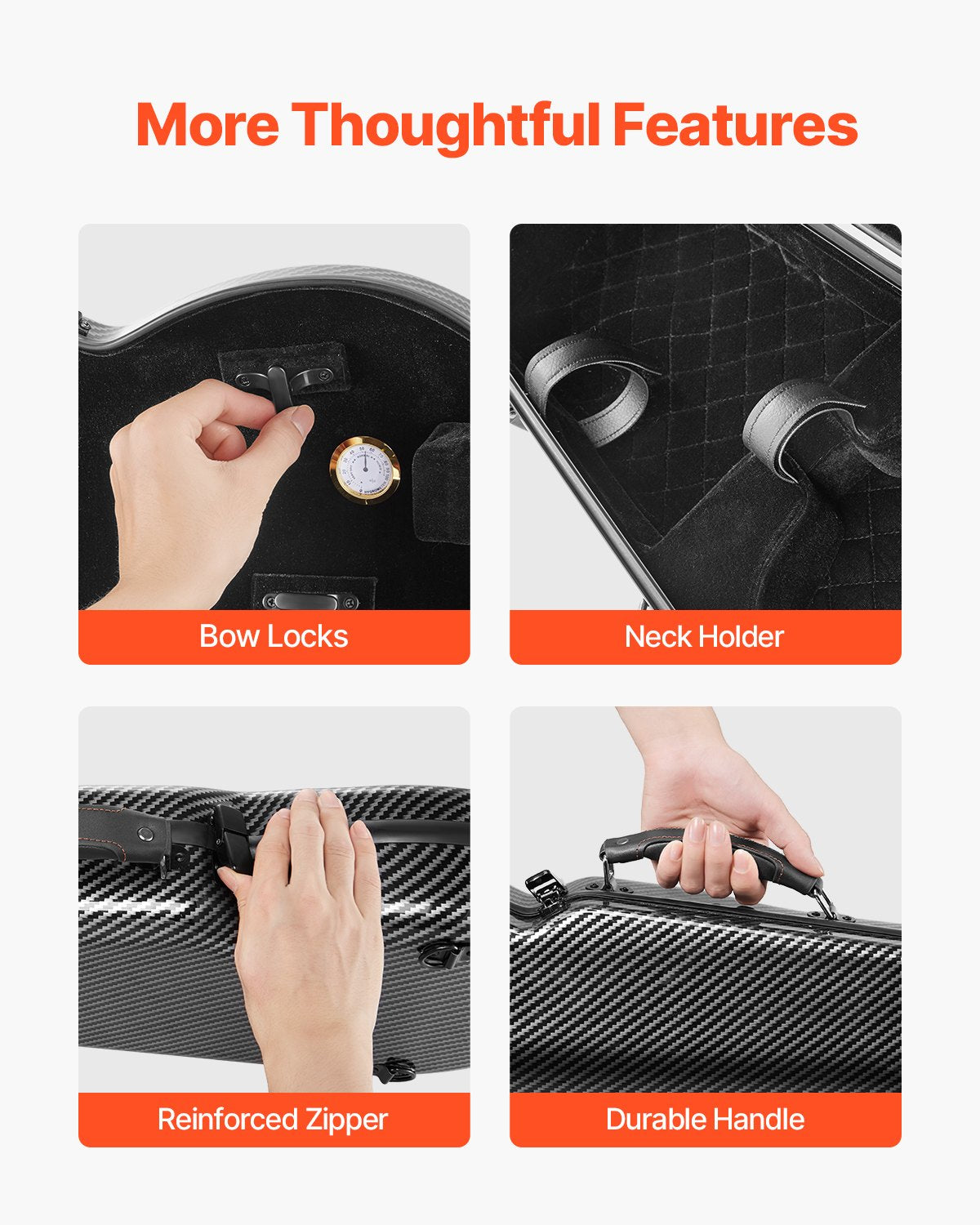Lightweight 4/4 Violin Case with Hygrometer and Dual Straps, Anti-Scratch Carbon Fiber, Plush Lining, Triangular for Travel