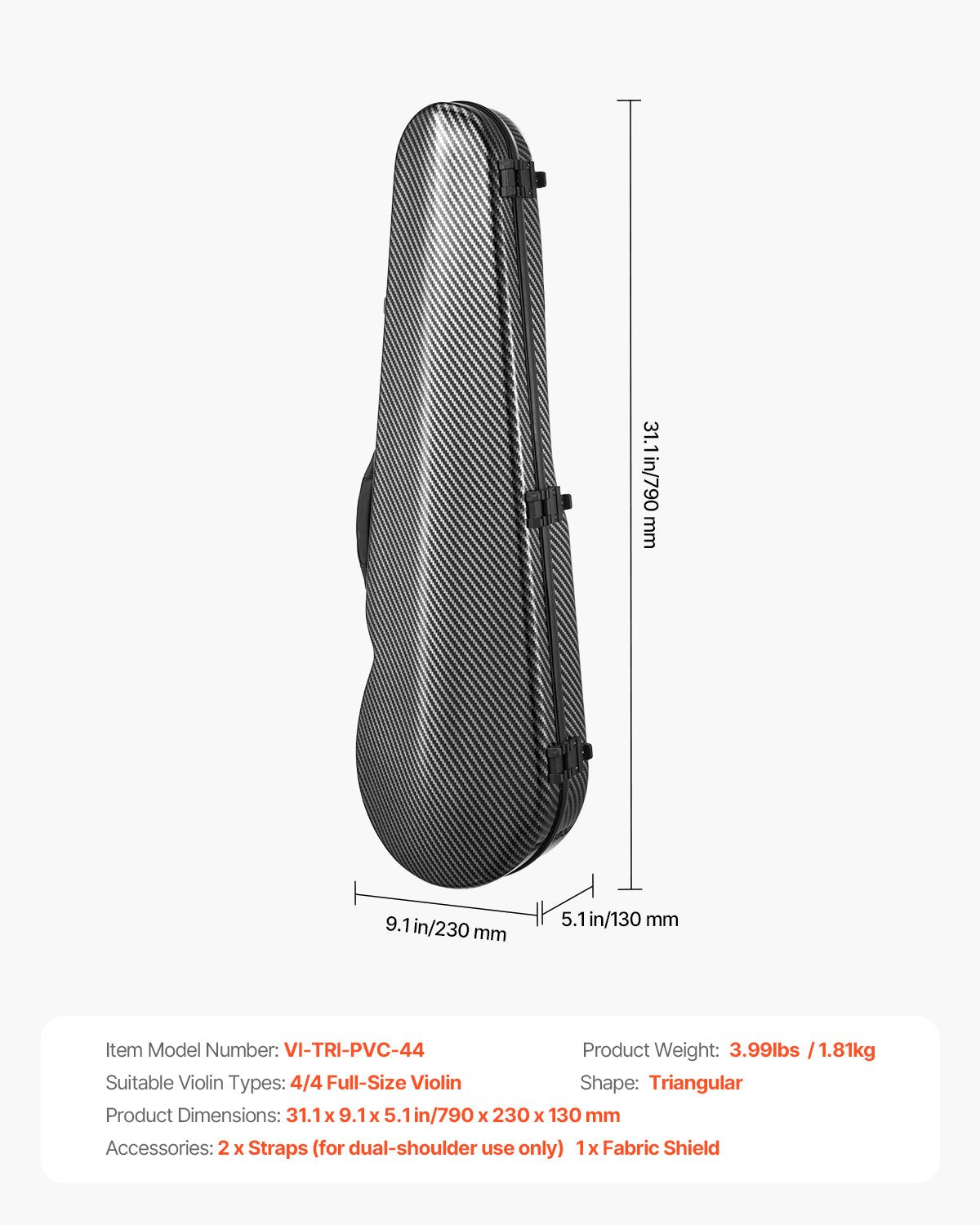 Lightweight 4/4 Violin Case with Hygrometer and Dual Straps, Anti-Scratch Carbon Fiber, Plush Lining, Triangular for Travel