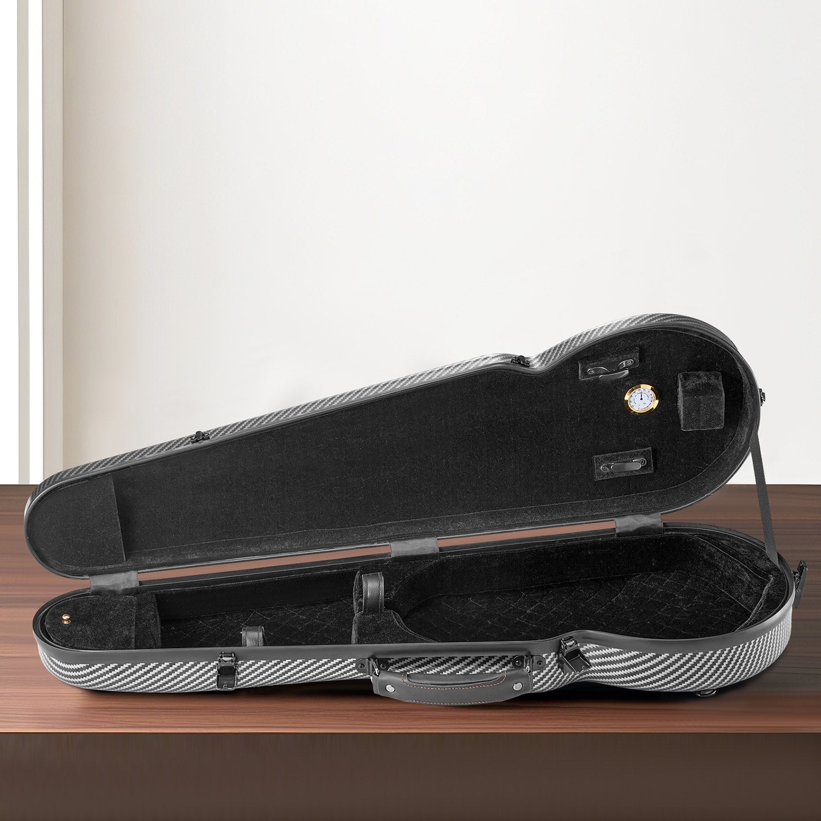 Lightweight 4/4 Violin Case with Hygrometer and Dual Straps, Anti-Scratch Carbon Fiber, Plush Lining, Triangular for Travel