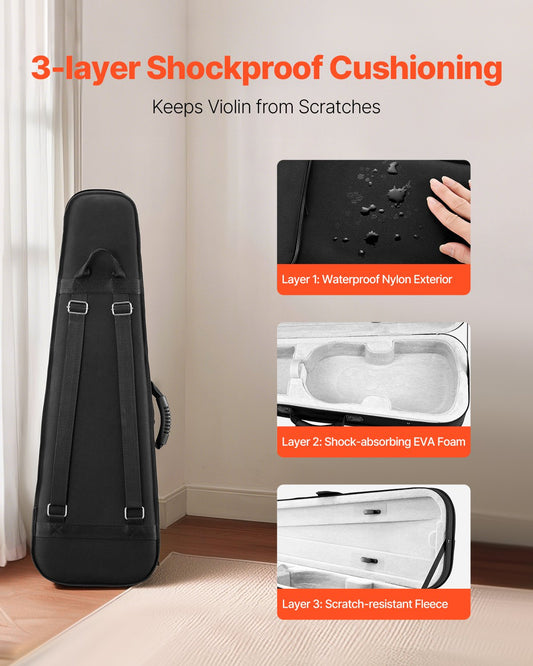 Premium 4/4 Violin Case - Waterproof Nylon, Lightweight, Plush Lining, Dual Straps, Anti-Scratch, Triangular Design for Travel & Protection