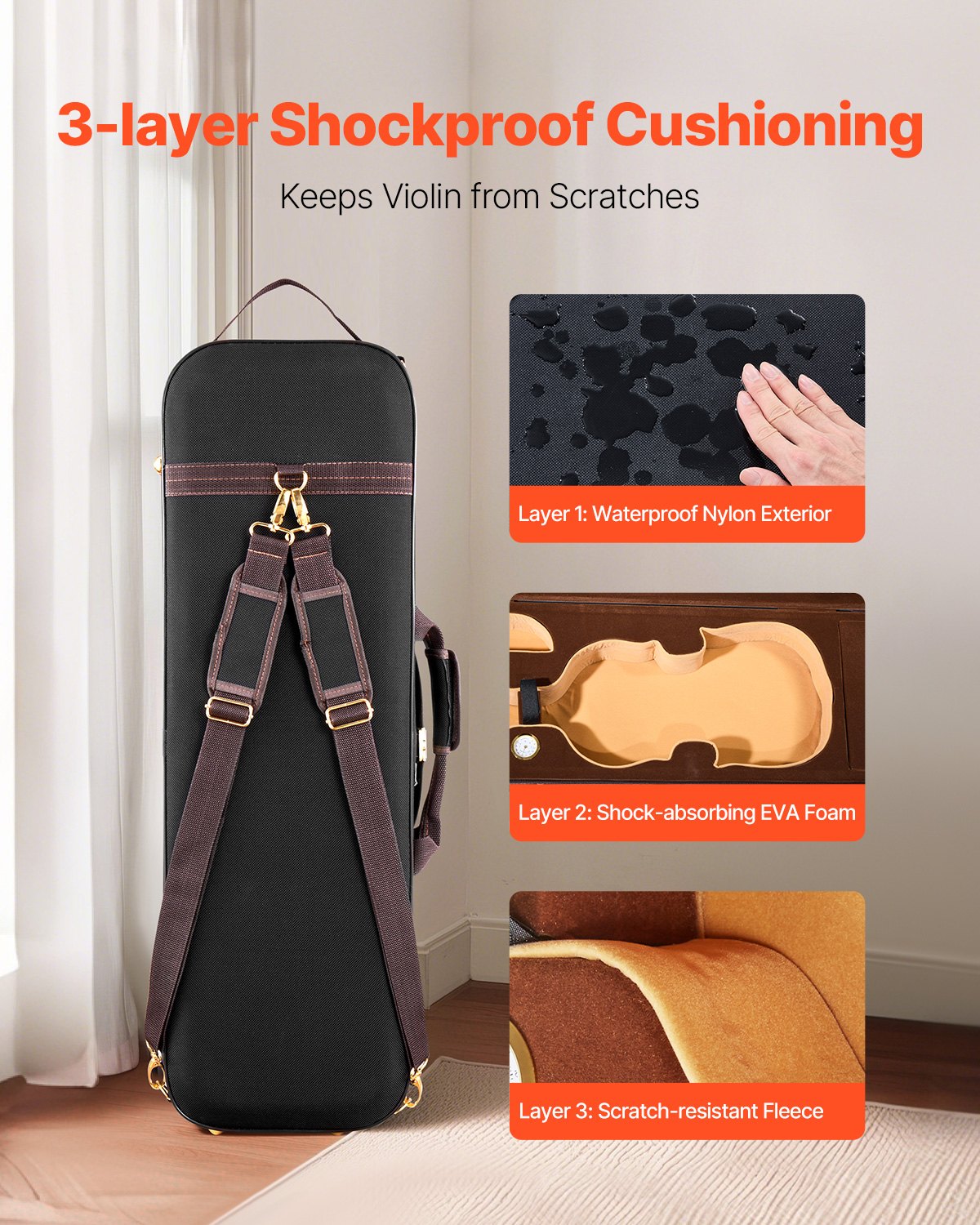 Premium 4/4 Violin Case with Hygrometer, Lightweight Travel Bag, Plush Lining, Anti-Scratch, Oblong Design, Black, for Full-Size Violins