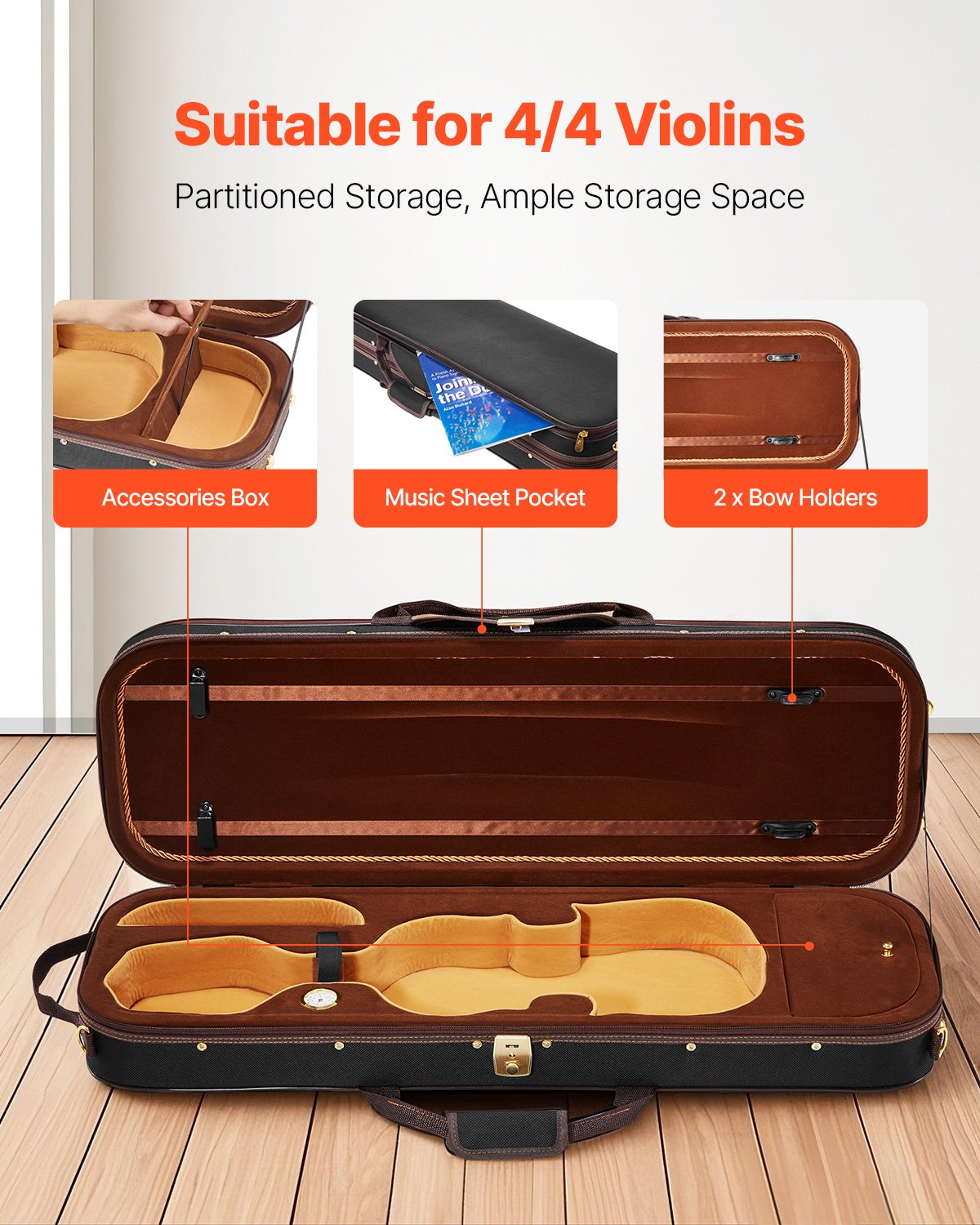 Premium 4/4 Violin Case with Hygrometer, Lightweight Travel Bag, Plush Lining, Anti-Scratch, Oblong Design, Black, for Full-Size Violins