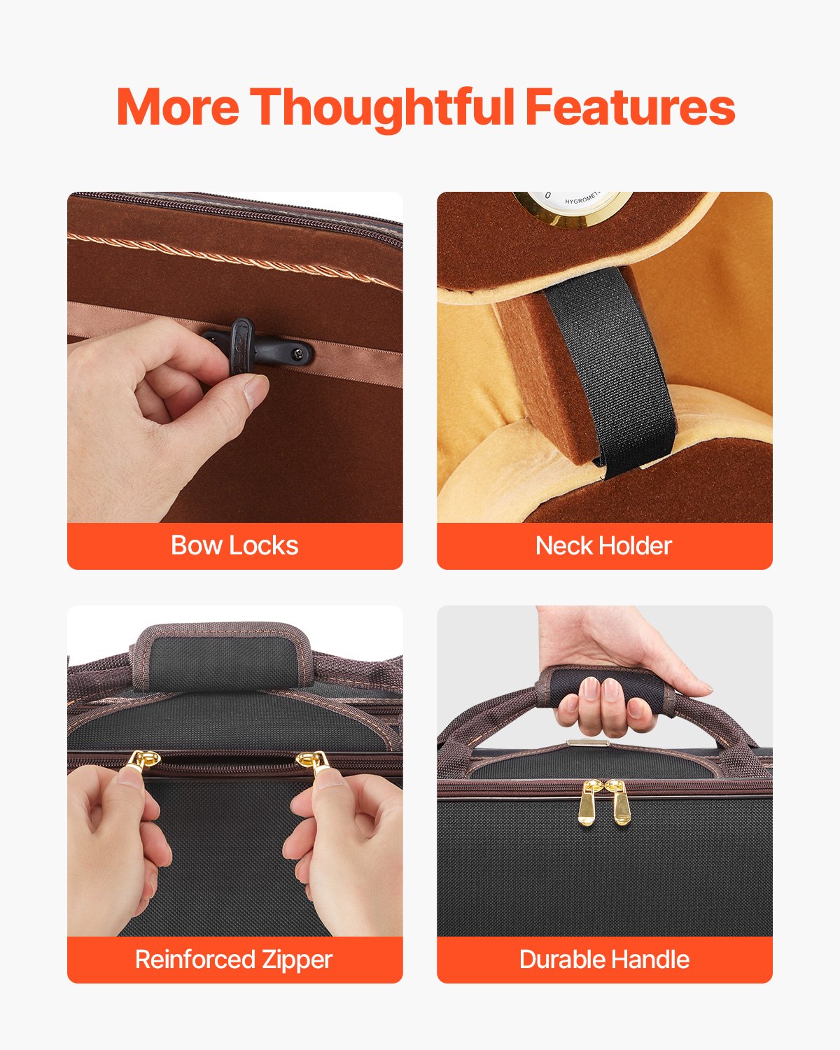 Premium 4/4 Violin Case with Hygrometer, Lightweight Travel Bag, Plush Lining, Anti-Scratch, Oblong Design, Black, for Full-Size Violins