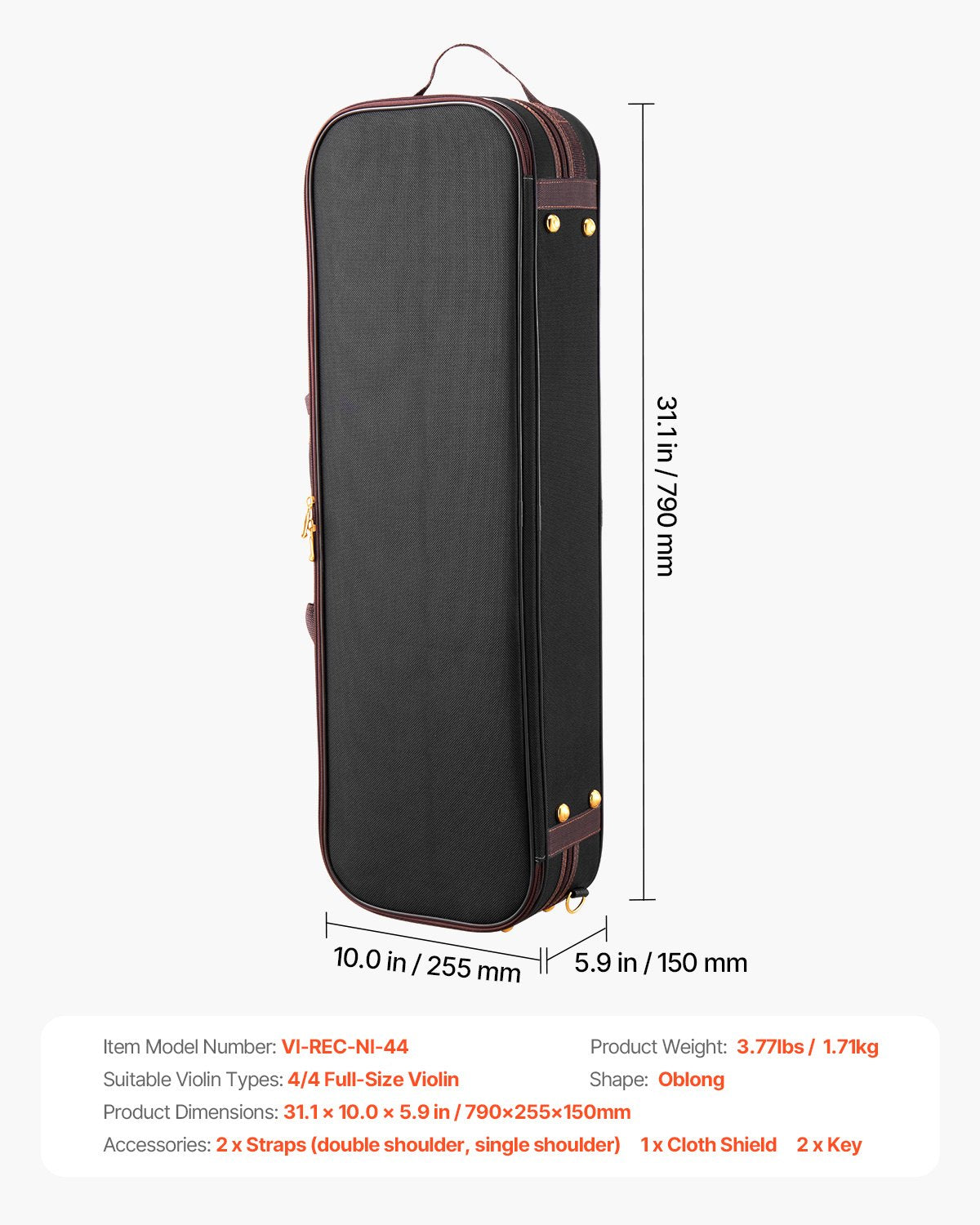 Premium 4/4 Violin Case with Hygrometer, Lightweight Travel Bag, Plush Lining, Anti-Scratch, Oblong Design, Black, for Full-Size Violins