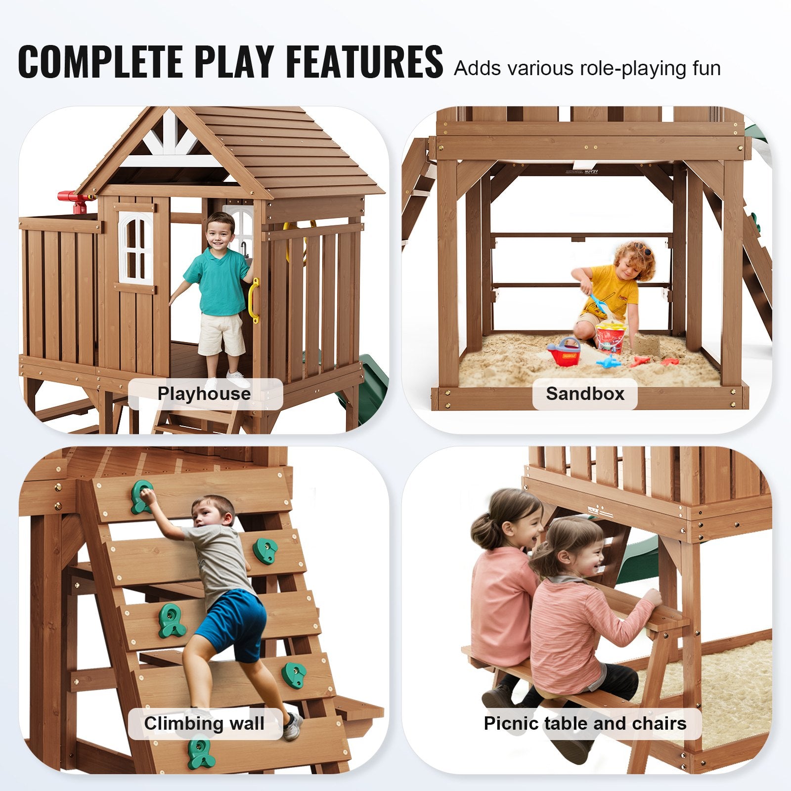 Charming Cedar Playhouse for Kids 2-10 Years with Slide, Climbing Wall, Picnic Table, Ladder, Windows, and Bench for Garden Fun