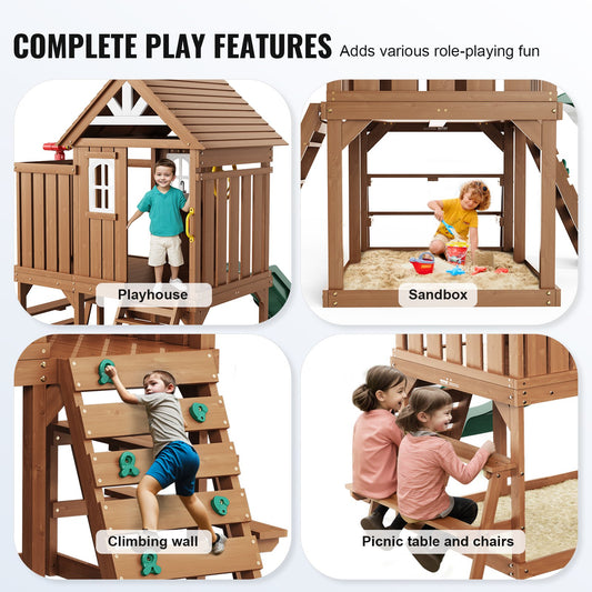 Charming Cedar Playhouse for Kids 2-10 Years with Slide, Climbing Wall, Picnic Table, Ladder, Windows, and Bench for Garden Fun