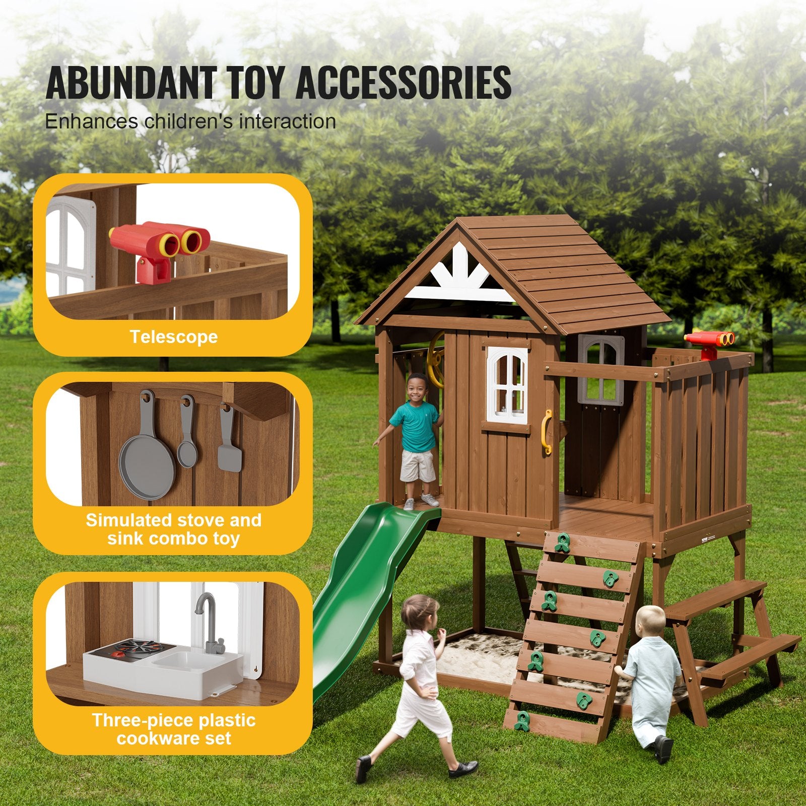 Charming Cedar Playhouse for Kids 2-10 Years with Slide, Climbing Wall, Picnic Table, Ladder, Windows, and Bench for Garden Fun