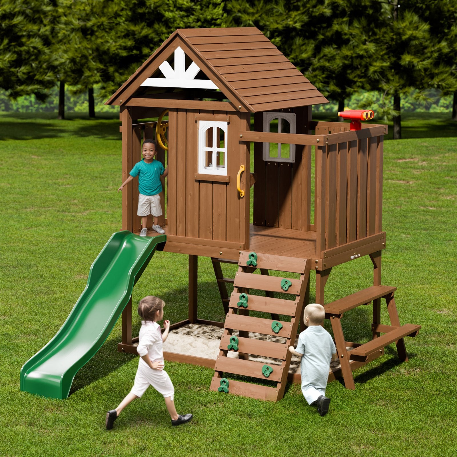 Charming Cedar Playhouse for Kids 2-10 Years with Slide, Climbing Wall, Picnic Table, Ladder, Windows, and Bench for Garden Fun