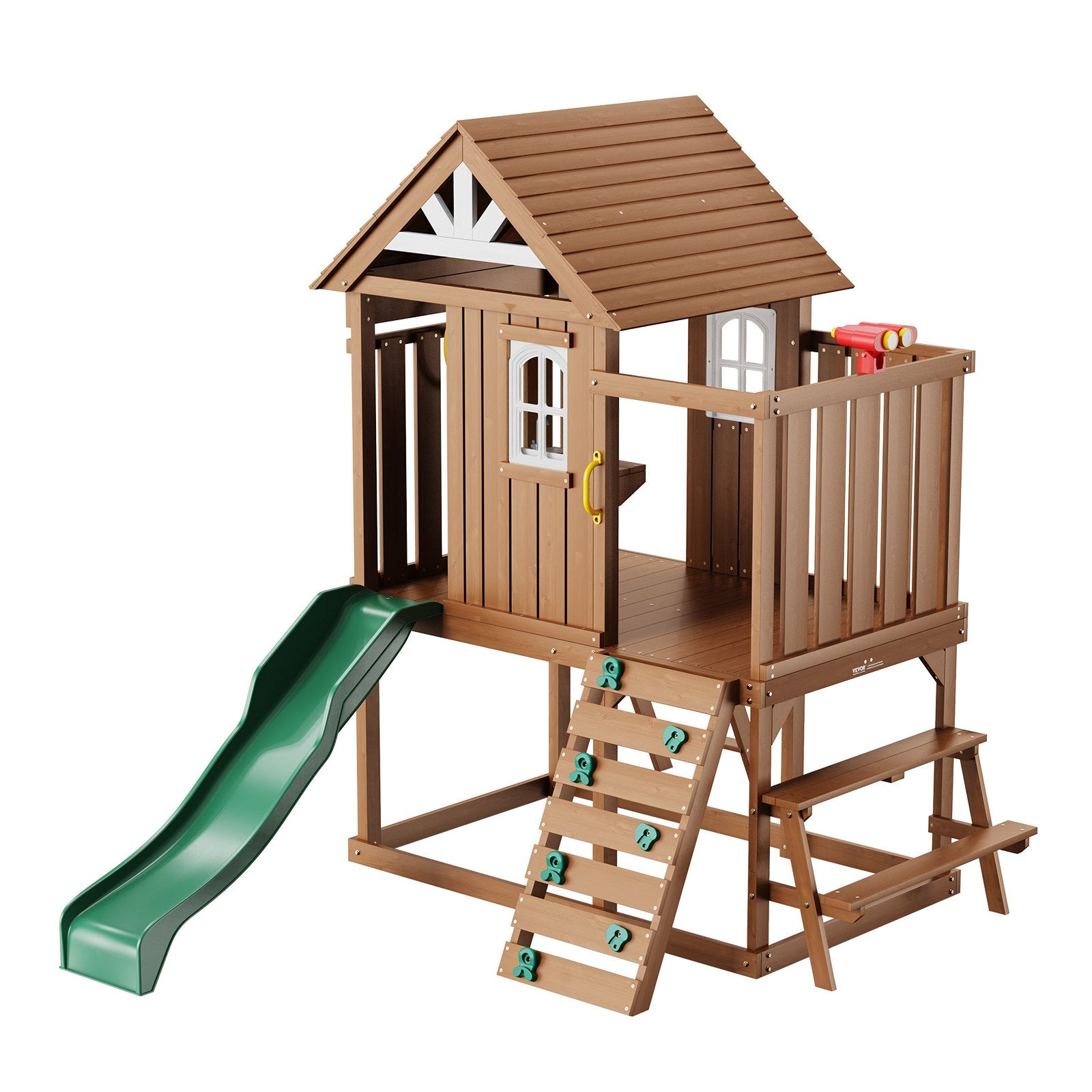 Charming Cedar Playhouse for Kids 2-10 Years with Slide, Climbing Wall, Picnic Table, Ladder, Windows, and Bench for Garden Fun