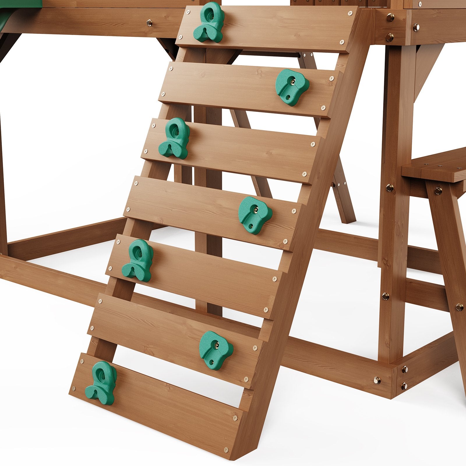 Charming Cedar Playhouse for Kids 2-10 Years with Slide, Climbing Wall, Picnic Table, Ladder, Windows, and Bench for Garden Fun