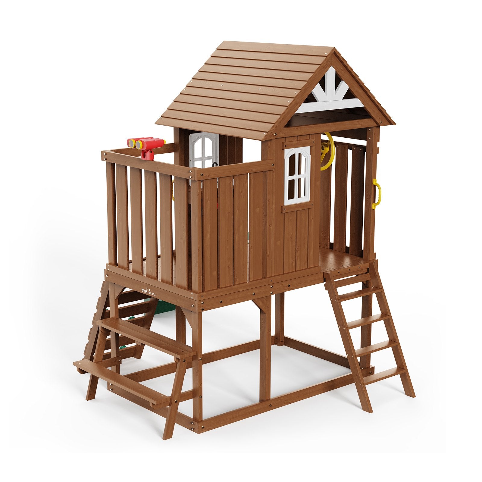 Charming Cedar Playhouse for Kids 2-10 Years with Slide, Climbing Wall, Picnic Table, Ladder, Windows, and Bench for Garden Fun