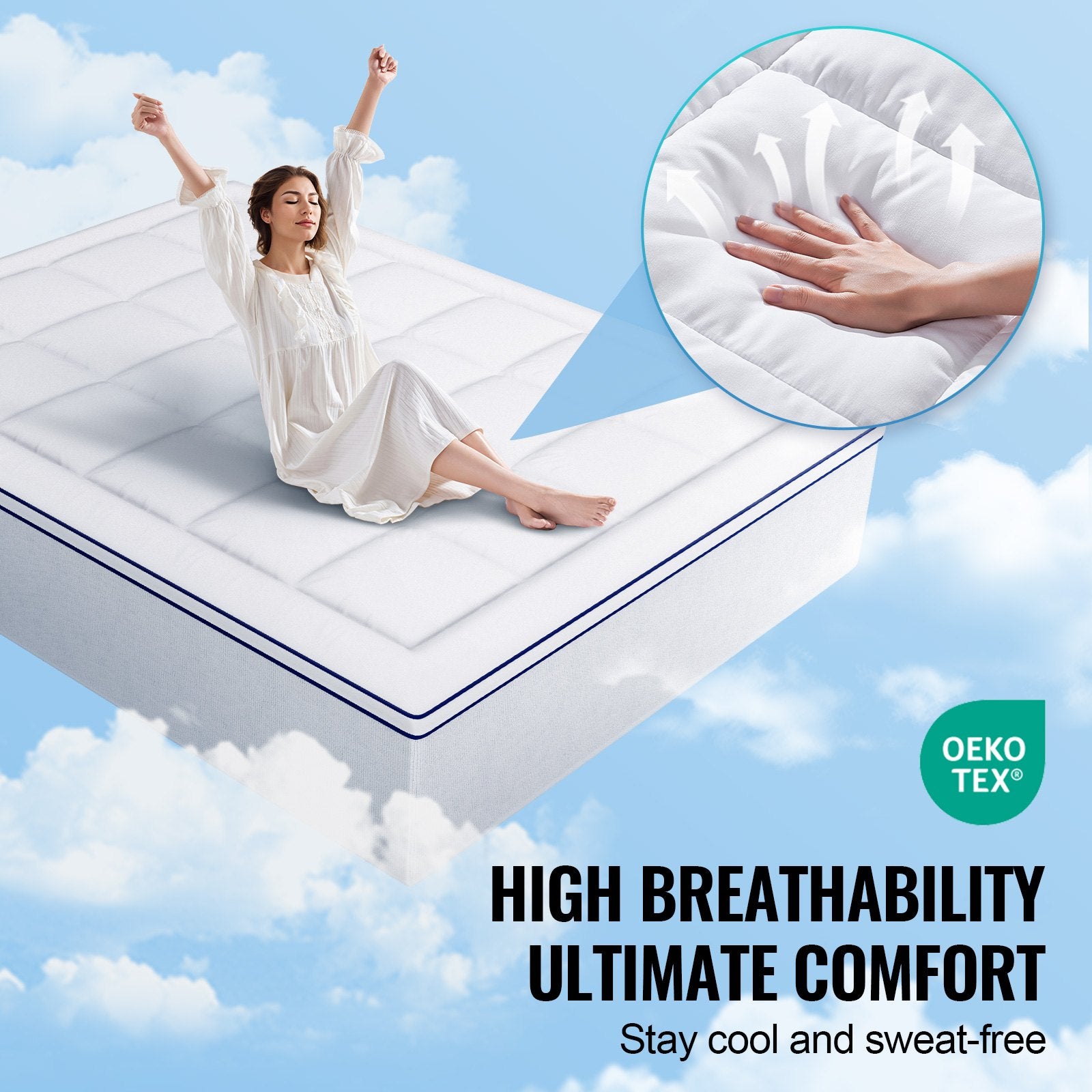 Queen Size Mattress Topper with Cooling Fiber Fill, 1" Thickness, Detachable & Washable Layer, Bedside Pocket for Small Items