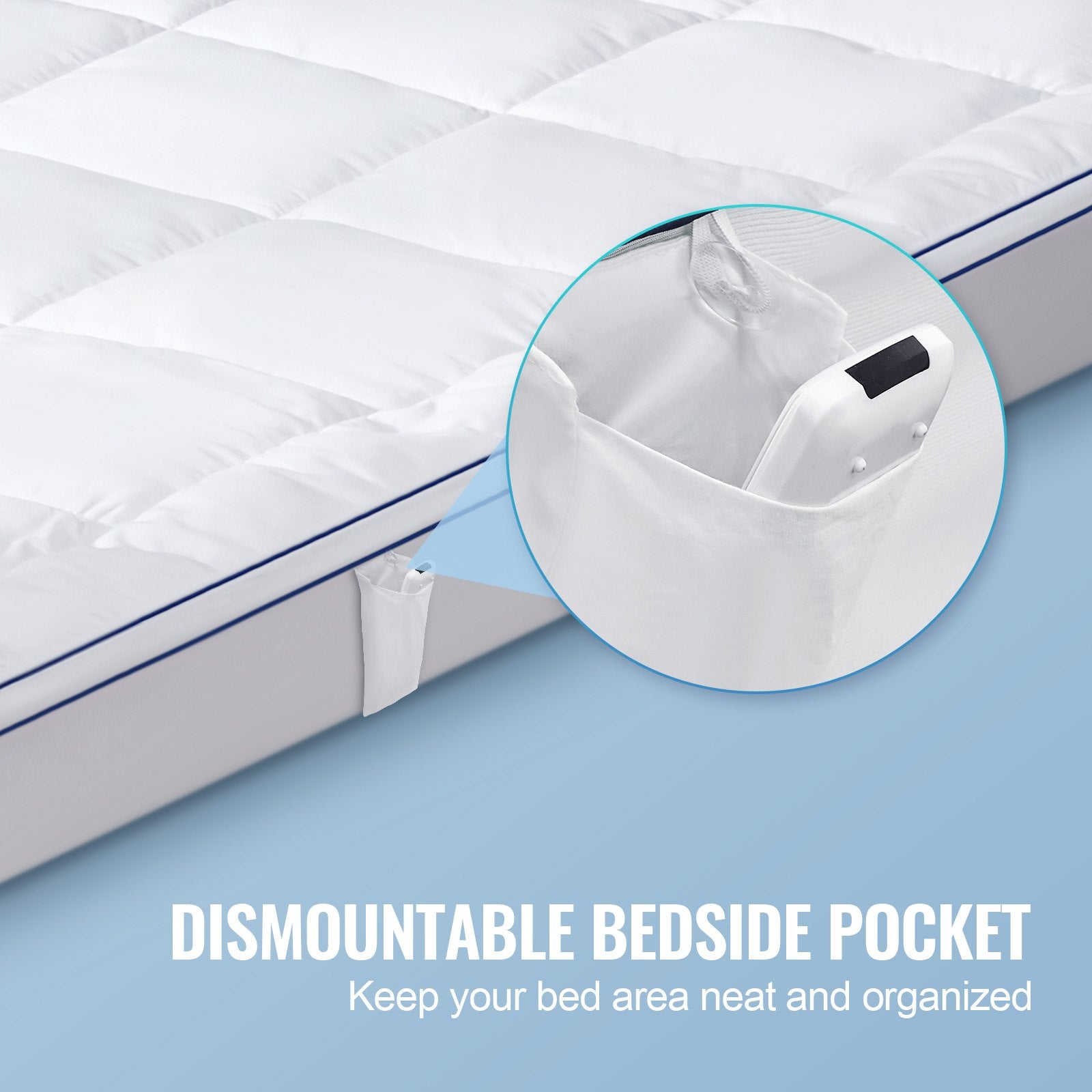 Queen Size Mattress Topper with Cooling Fiber Fill, 1" Thickness, Detachable & Washable Layer, Bedside Pocket for Small Items