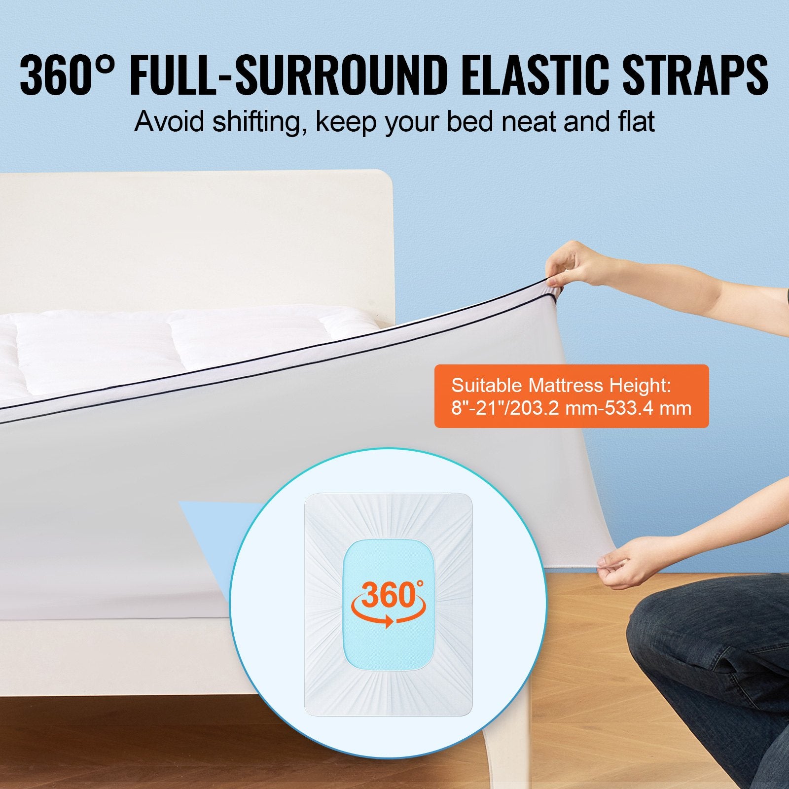Queen Size Mattress Topper with Cooling Fiber Fill, 1" Thickness, Detachable & Washable Layer, Bedside Pocket for Small Items