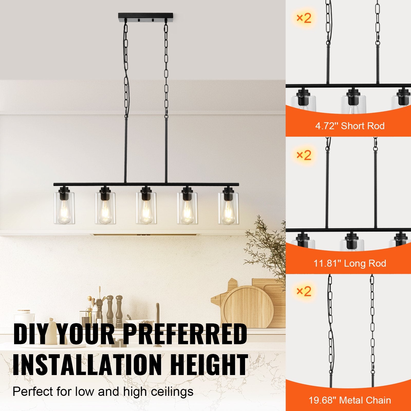 Farmhouse 5-Light Pendant Chandelier for Kitchen Island, Adjustable Dining Fixture with Clear Glass, Metal Frame, E26 Edison Compatible