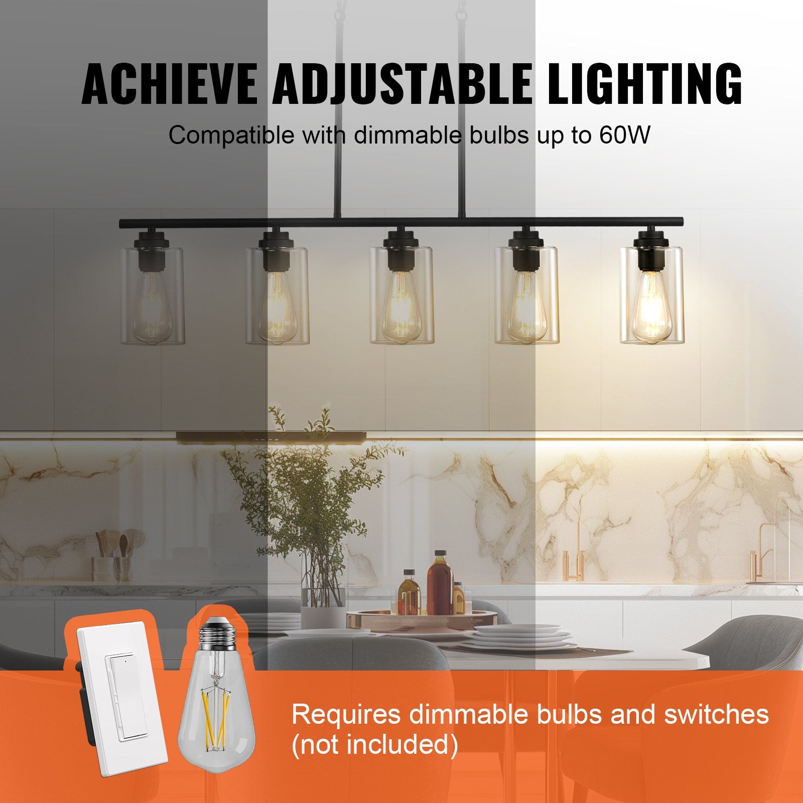 Farmhouse 5-Light Pendant Chandelier for Kitchen Island, Adjustable Dining Fixture with Clear Glass, Metal Frame, E26 Edison Compatible