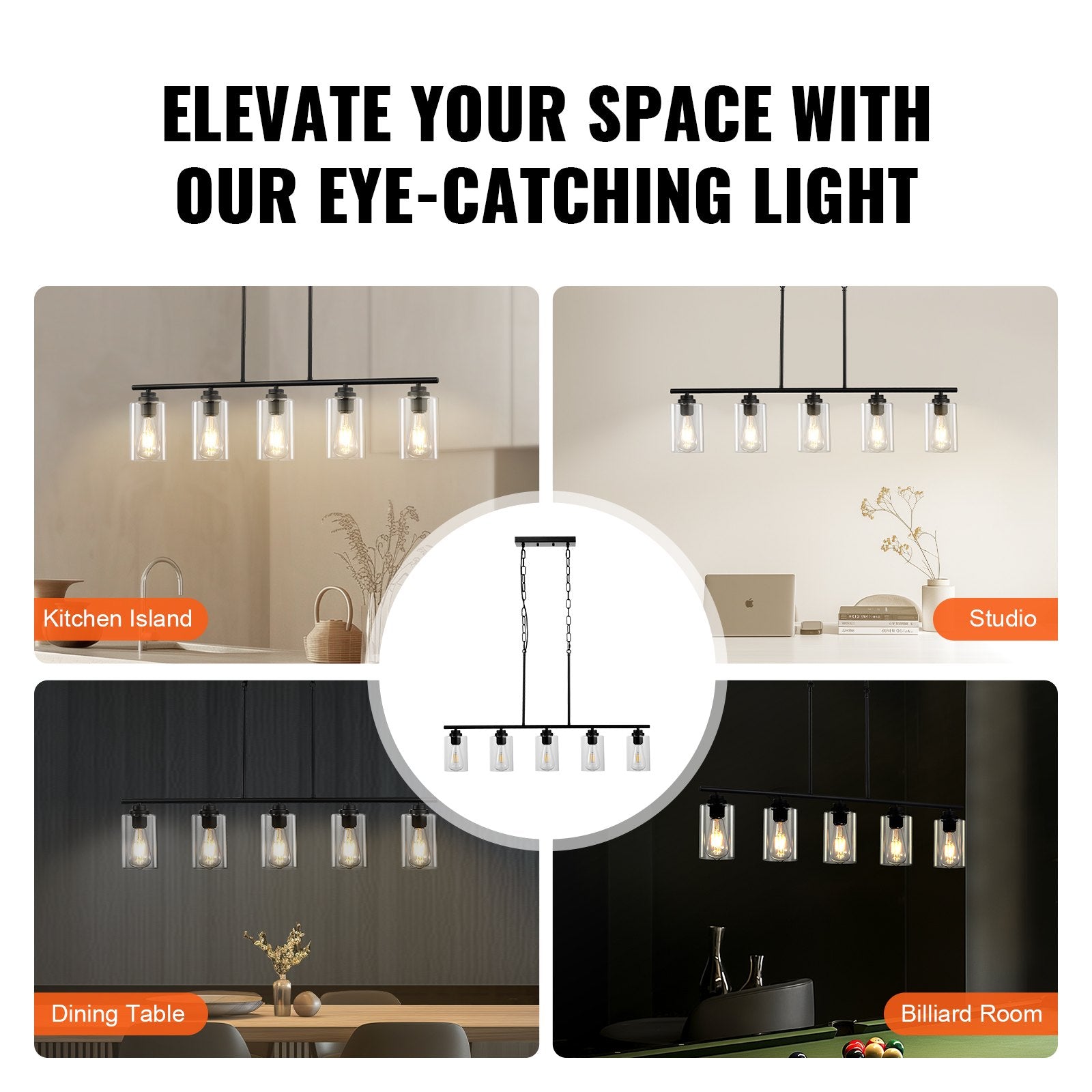 Farmhouse 5-Light Pendant Chandelier for Kitchen Island, Adjustable Dining Fixture with Clear Glass, Metal Frame, E26 Edison Compatible