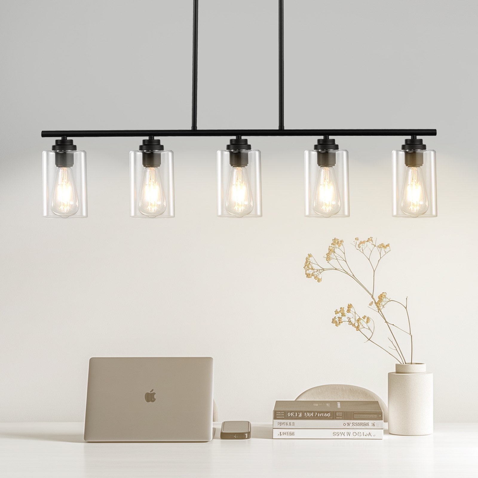 Farmhouse 5-Light Pendant Chandelier for Kitchen Island, Adjustable Dining Fixture with Clear Glass, Metal Frame, E26 Edison Compatible